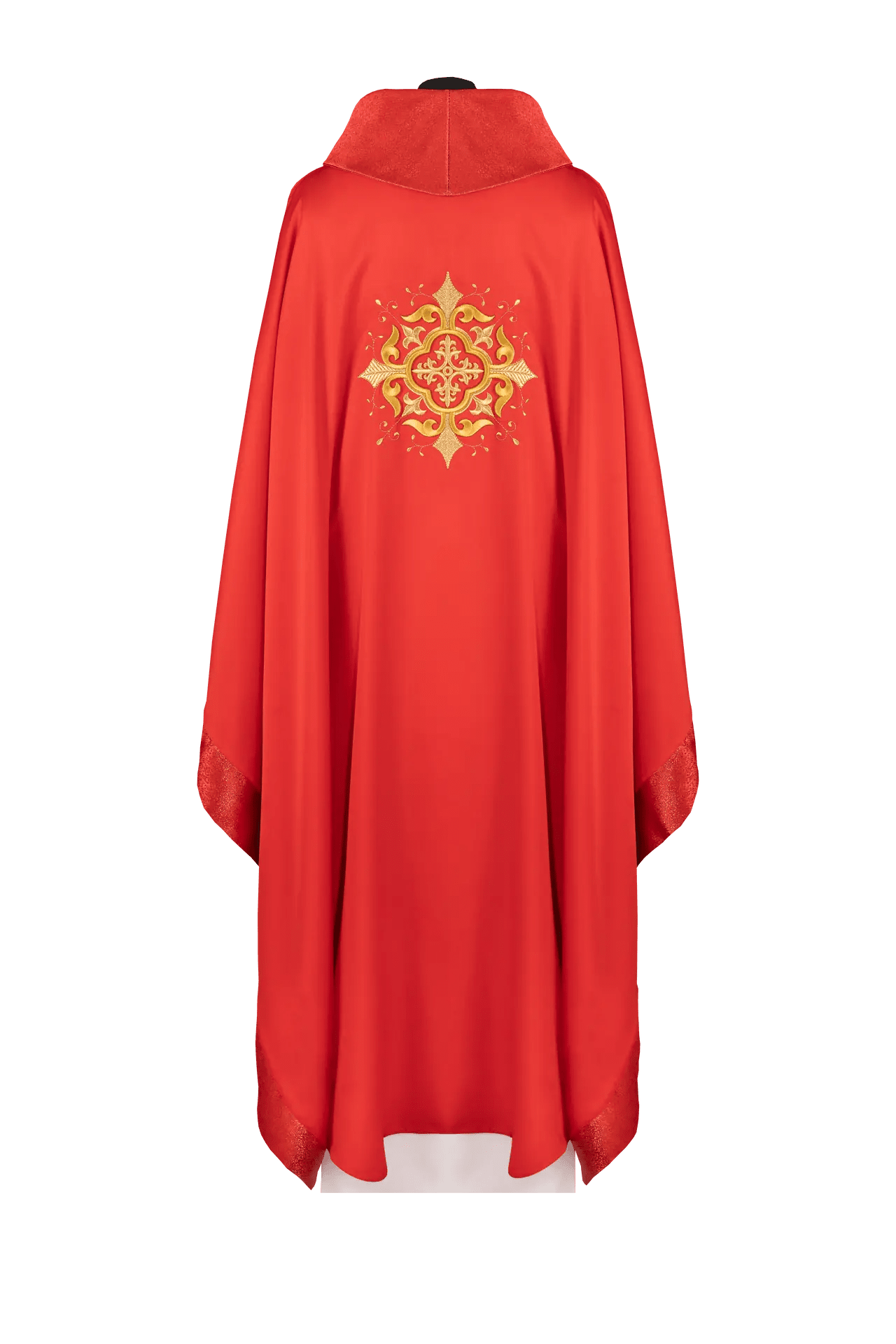 Liturgical chasuble with an embroidered cross motif and elaborate finishing red