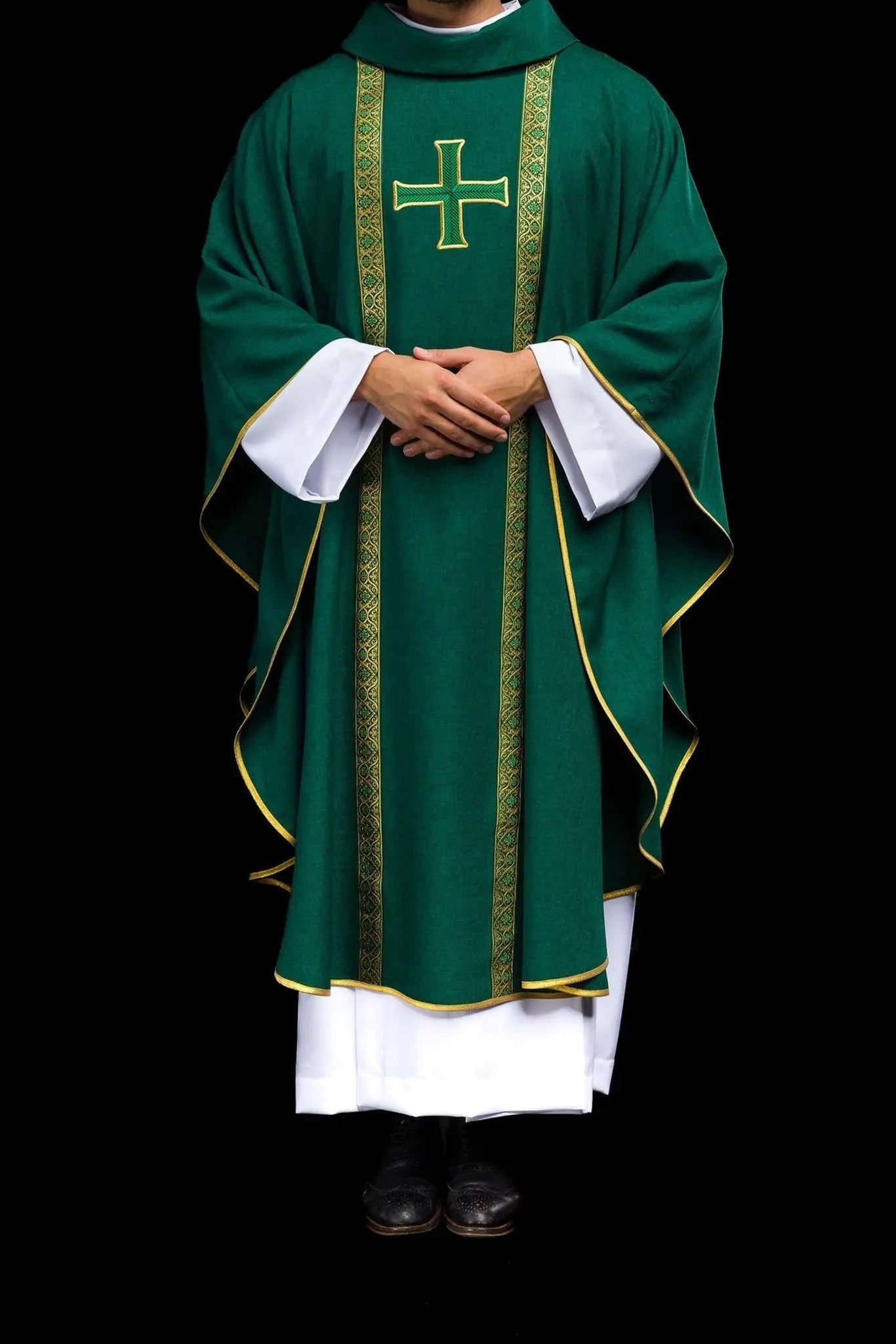 Green liturgical chasuble with embroidered cross and jacquard bands
