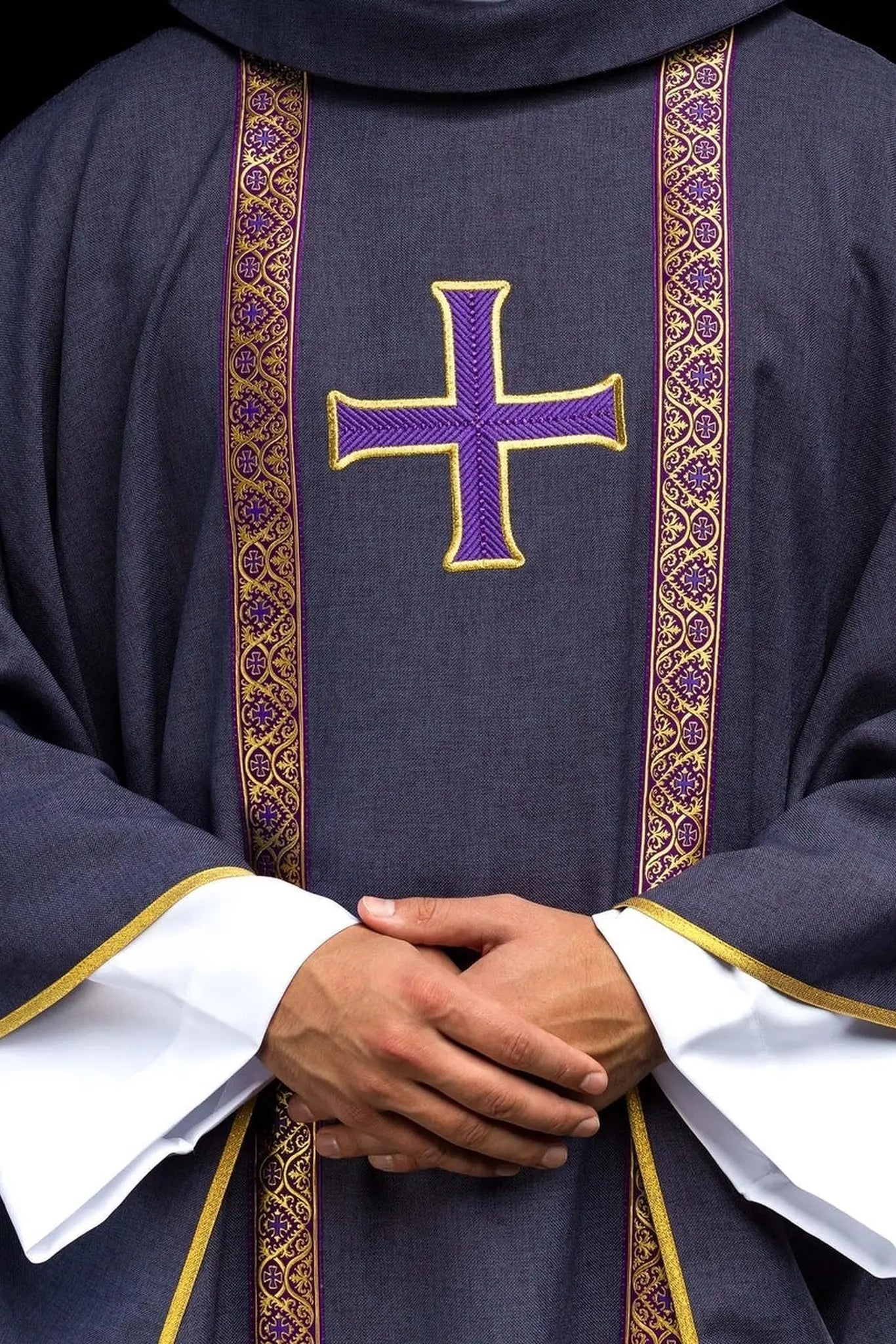 Purple liturgical chasuble with embroidered cross and jacquard bands