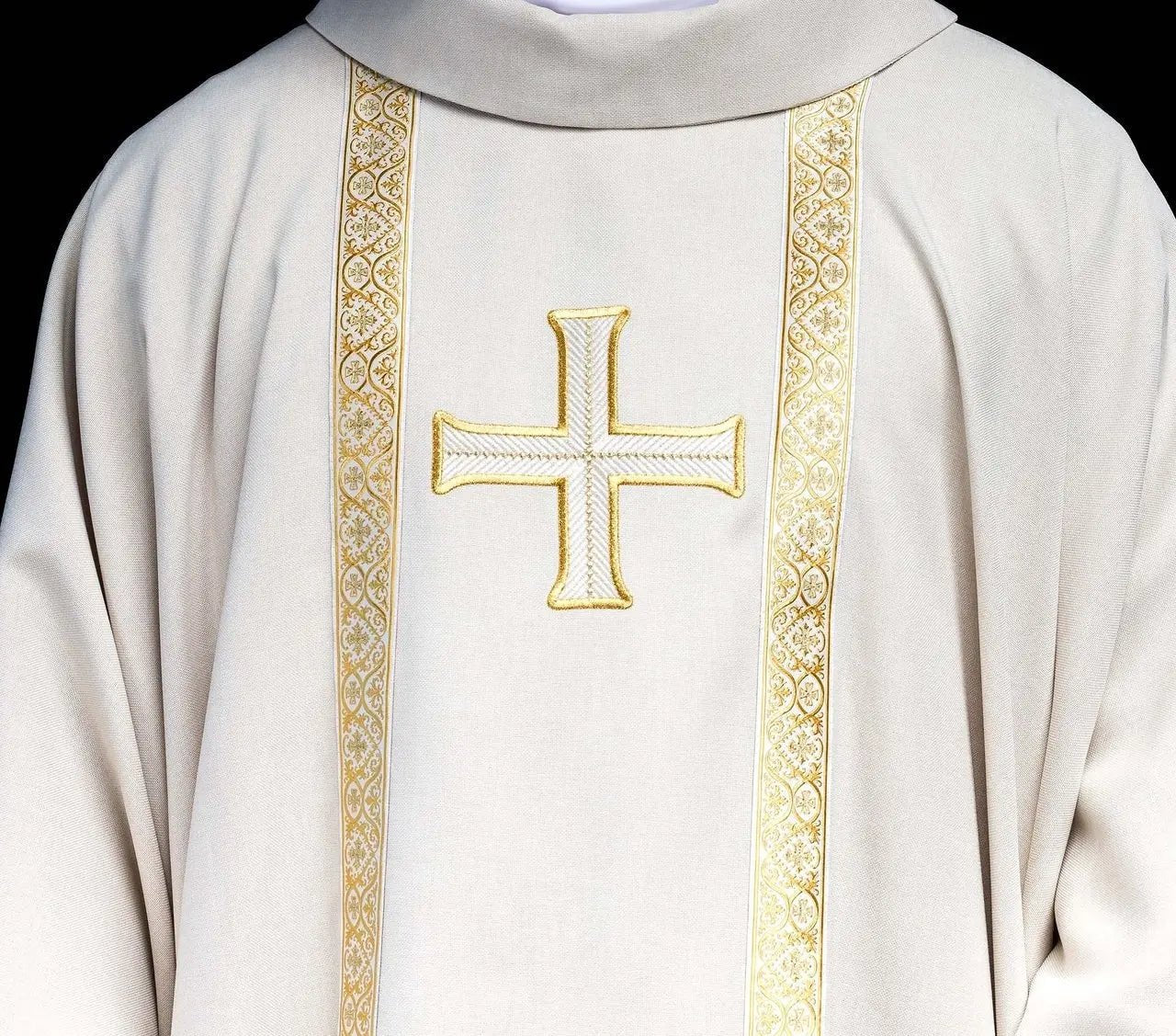 Ecru liturgical chasuble with embroidered cross and jacquard bands