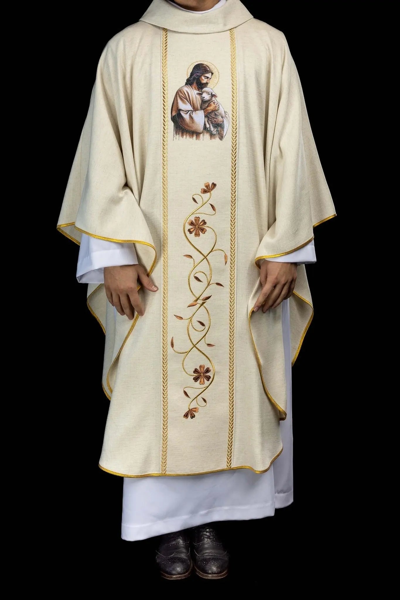 Ecru Chasuble with Good Shepherd Embroidery and Decorative Orphrey Bands