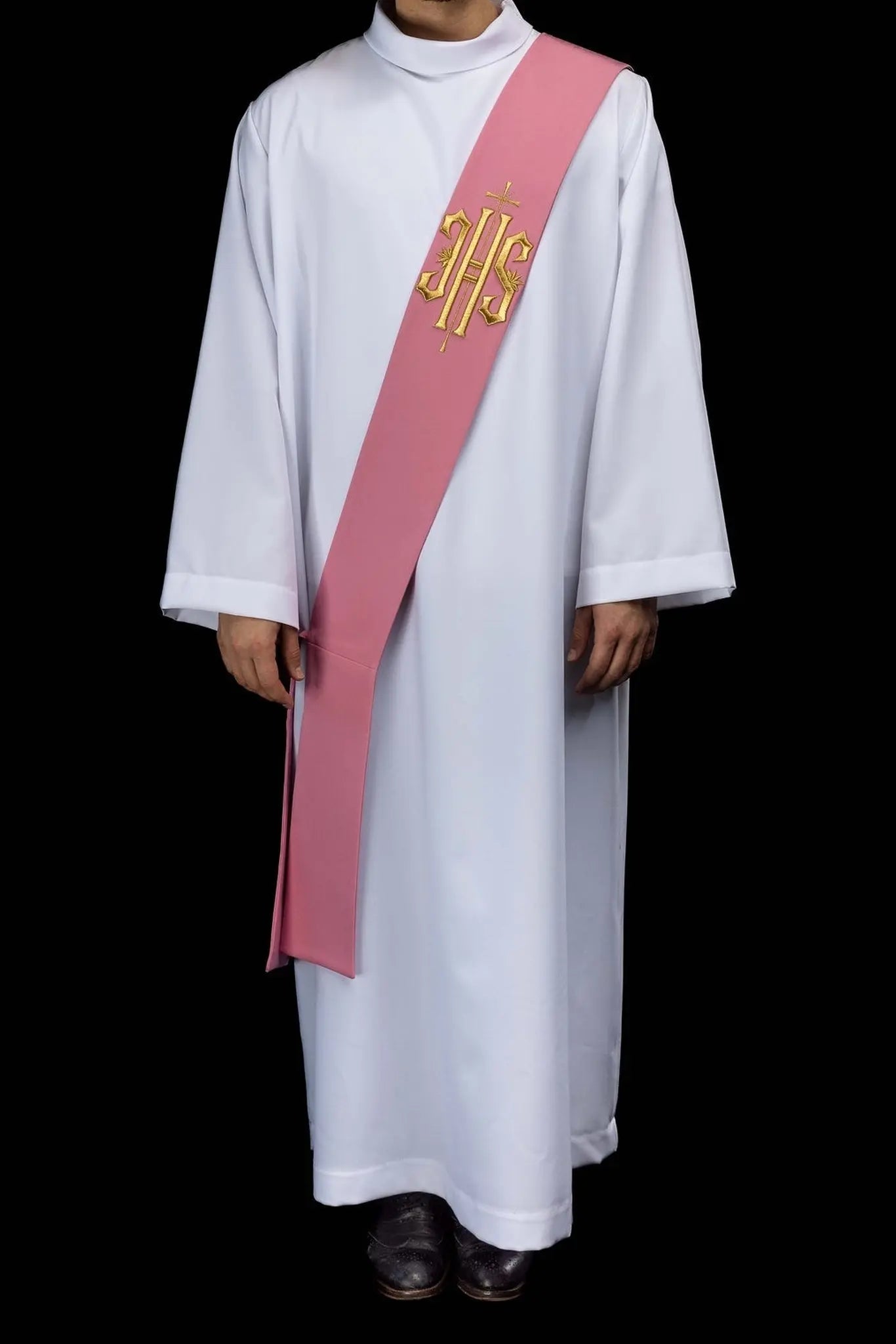 Pink Deacon Stole with IHS and Cross Embroidery