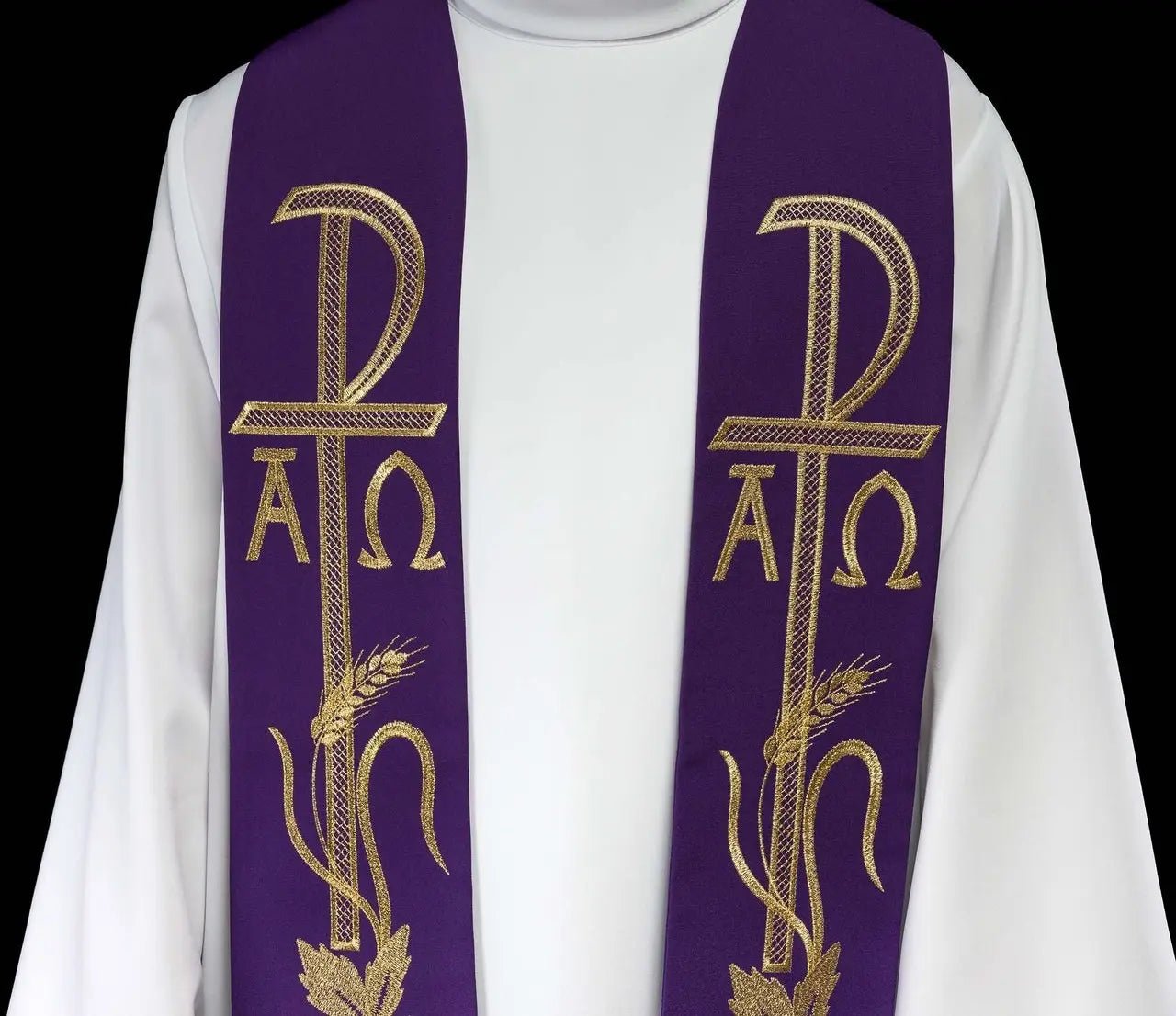 Alpha and Omega embroidered purple priest's stole