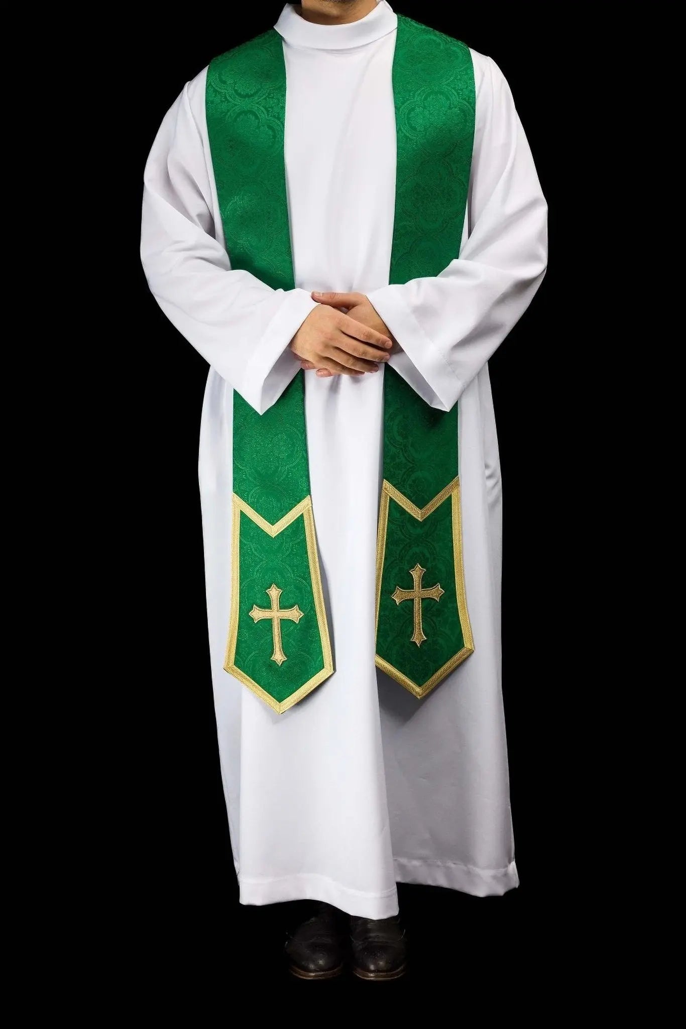 Green Jacquard Stole with Embroidered Cross