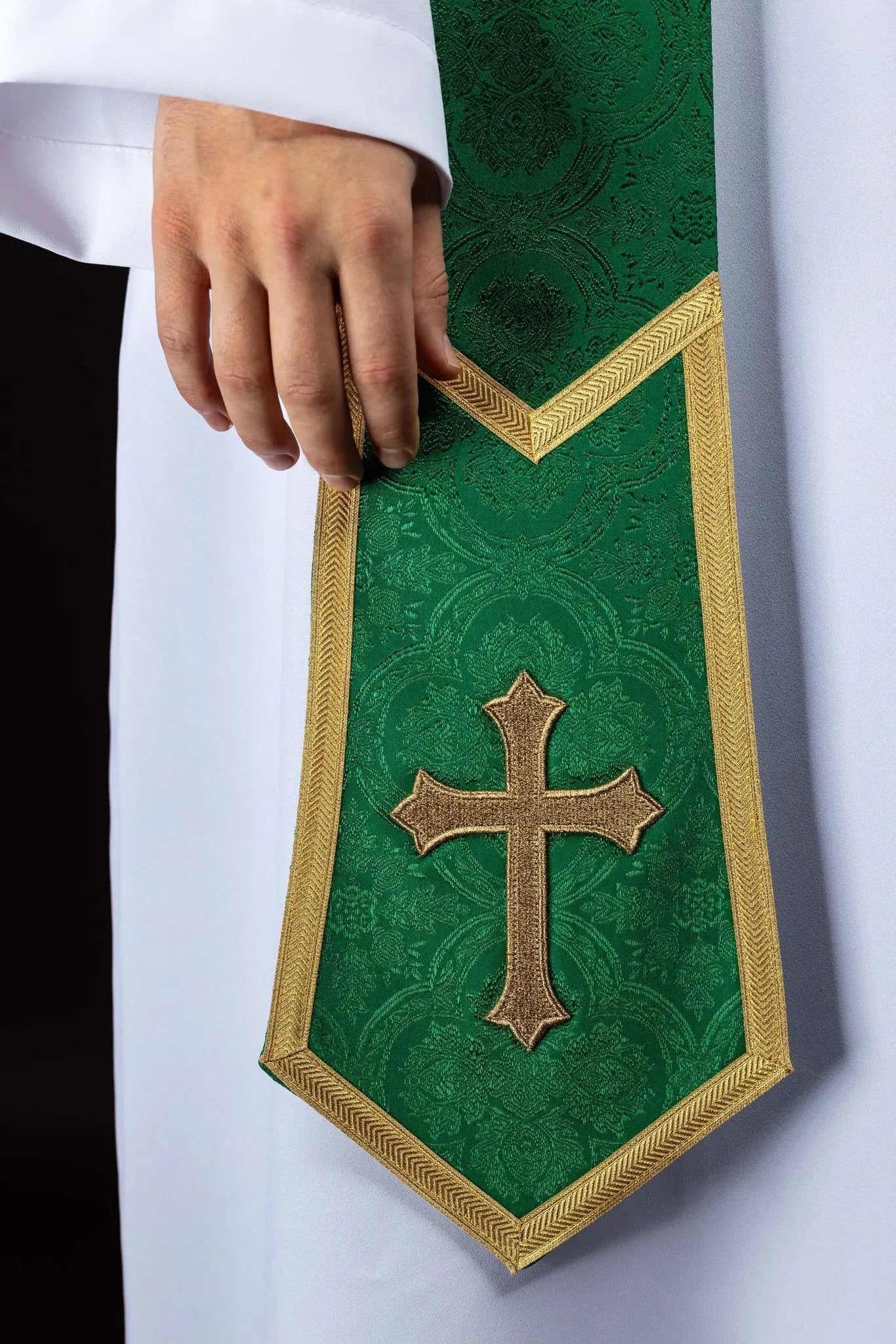 Green Jacquard Stole with Embroidered Cross