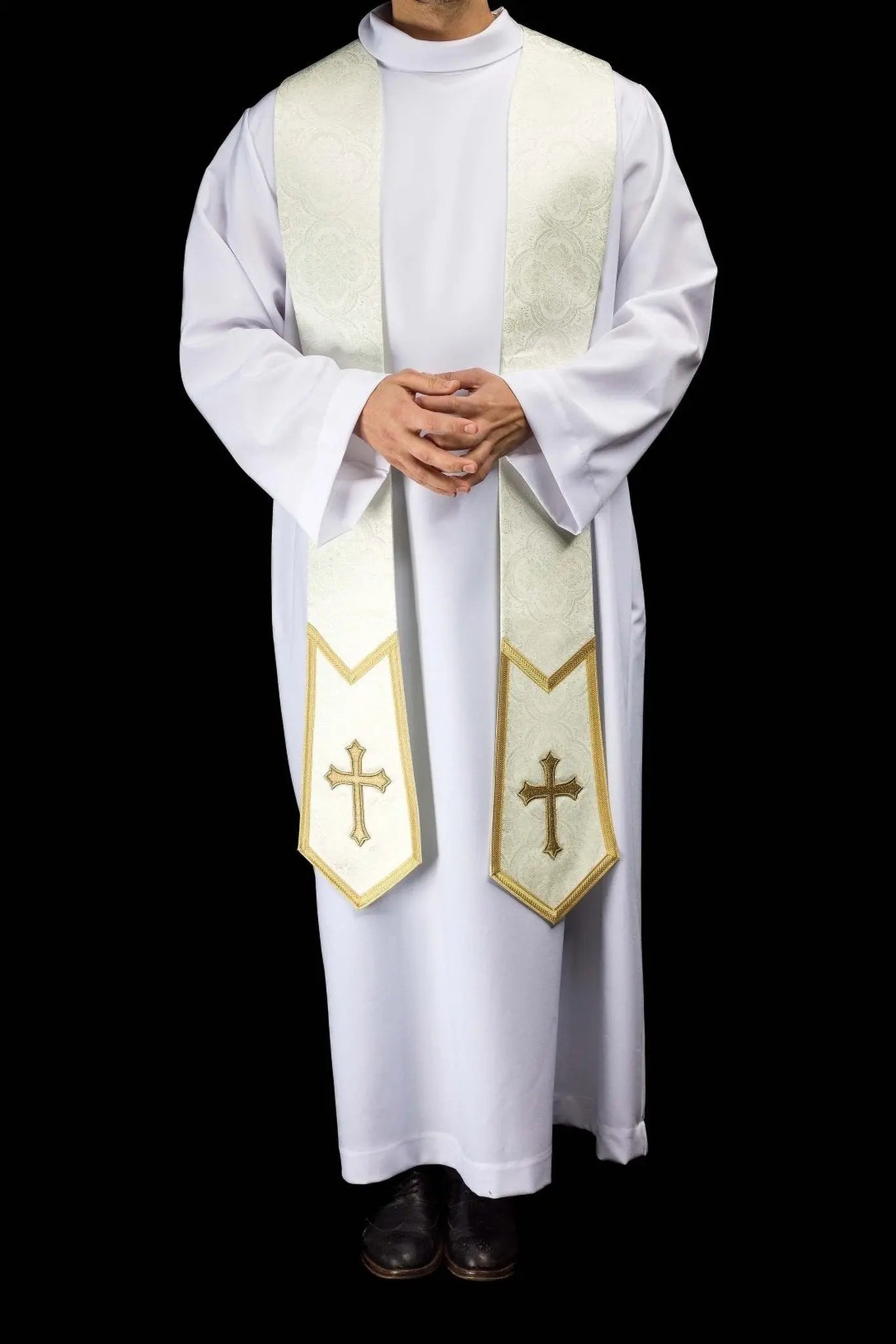 Ecru Jacquard Stole with Embroidered Cross