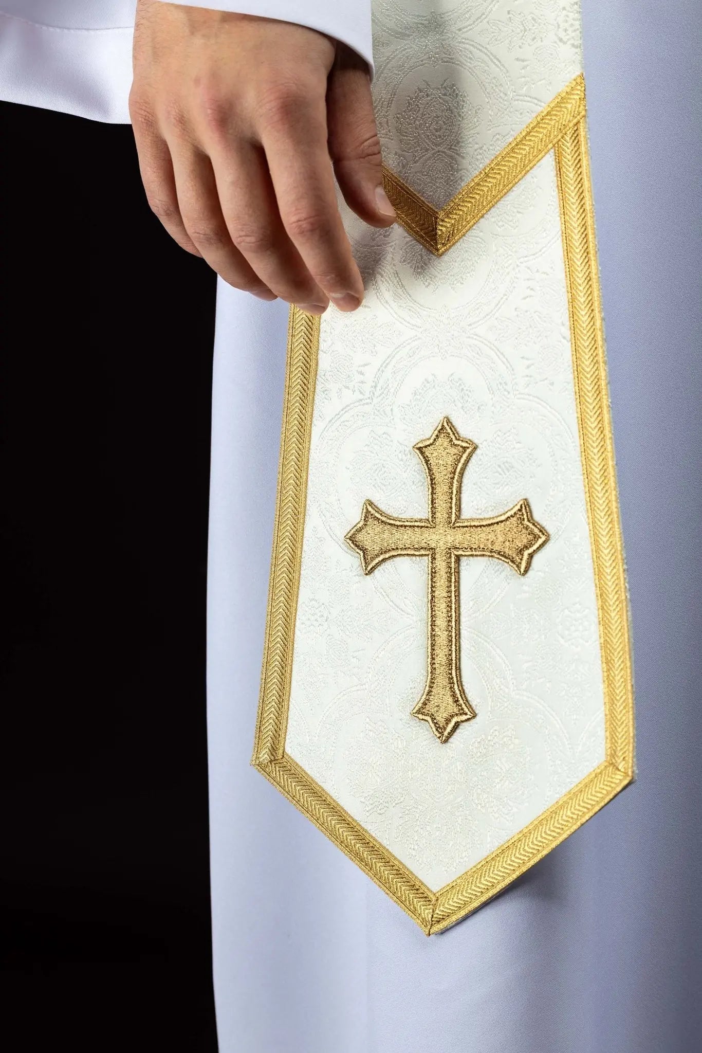 Ecru Jacquard Stole with Embroidered Cross