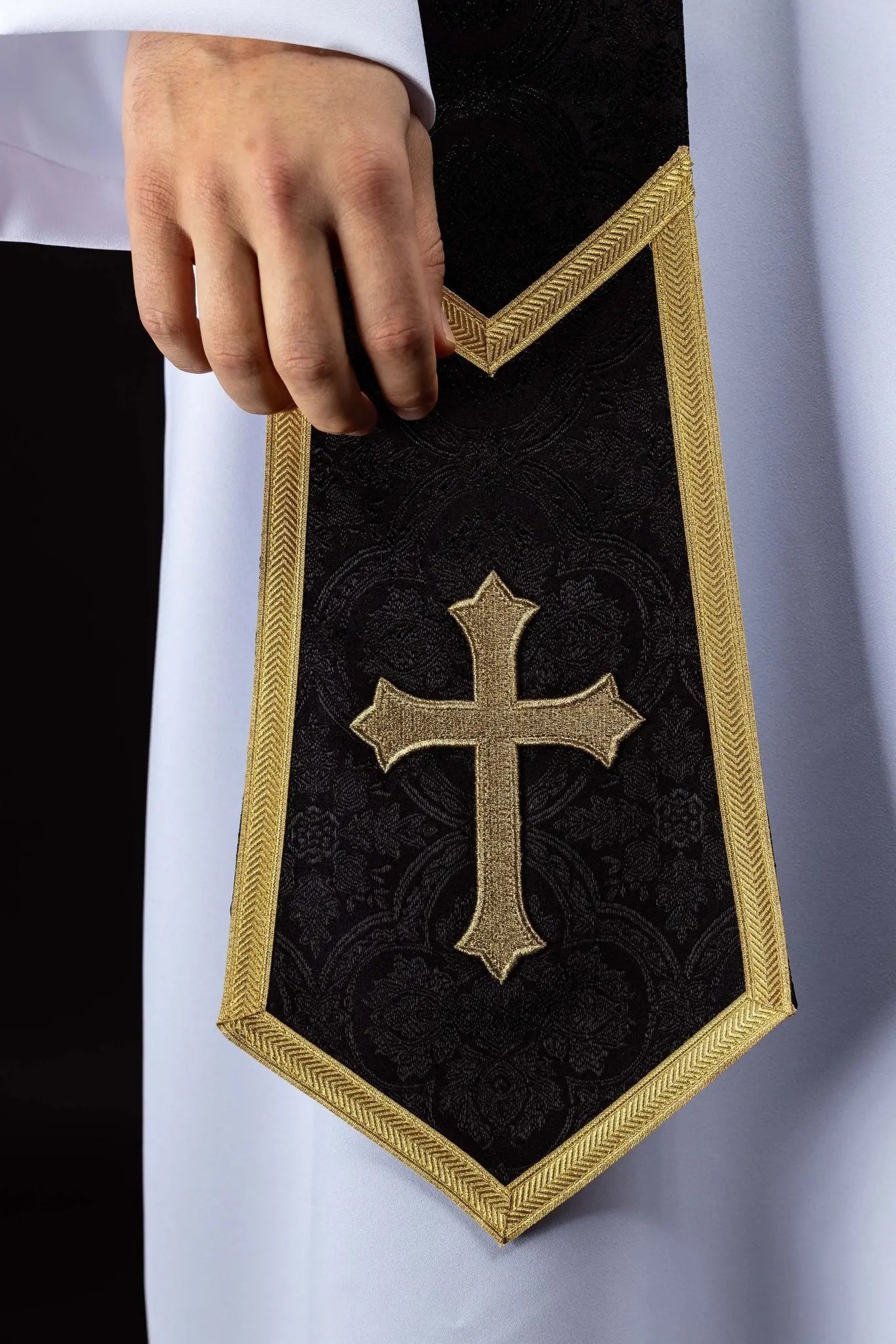 Black Jacquard Stole with Embroidered Cross