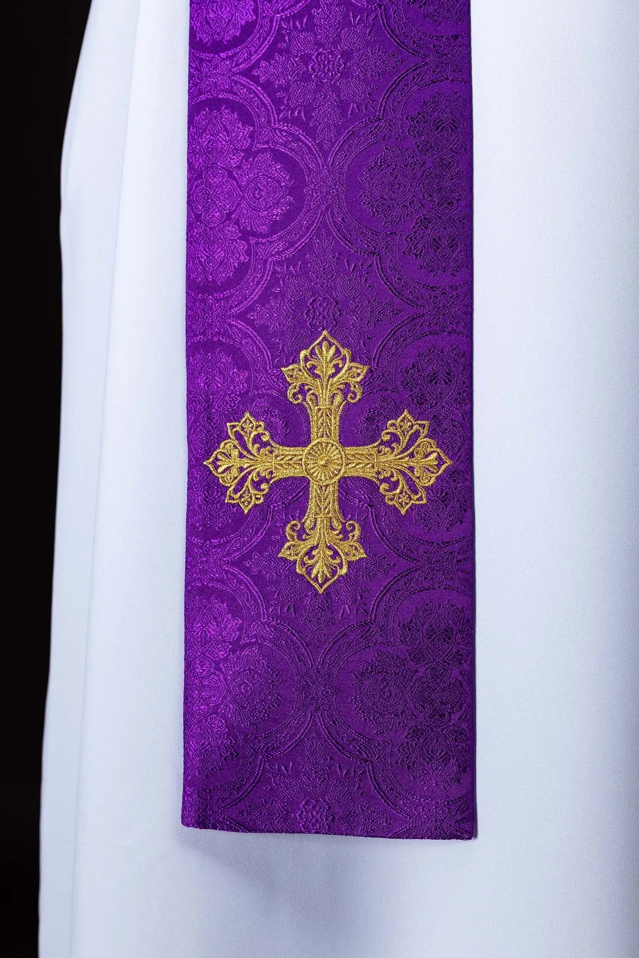 Purple Jacquard Stole with Gold Cross Embroidery