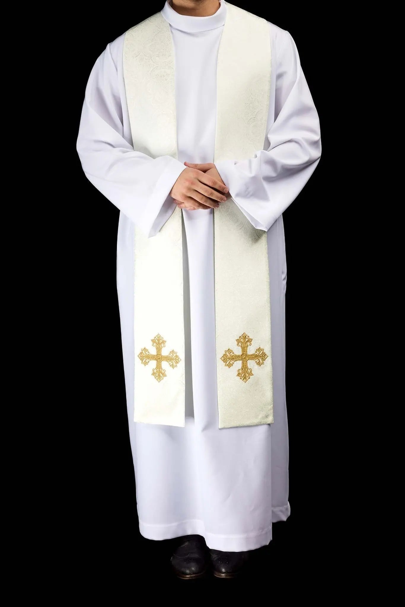 Ecru Jacquard Stole with Gold Cross Embroidery