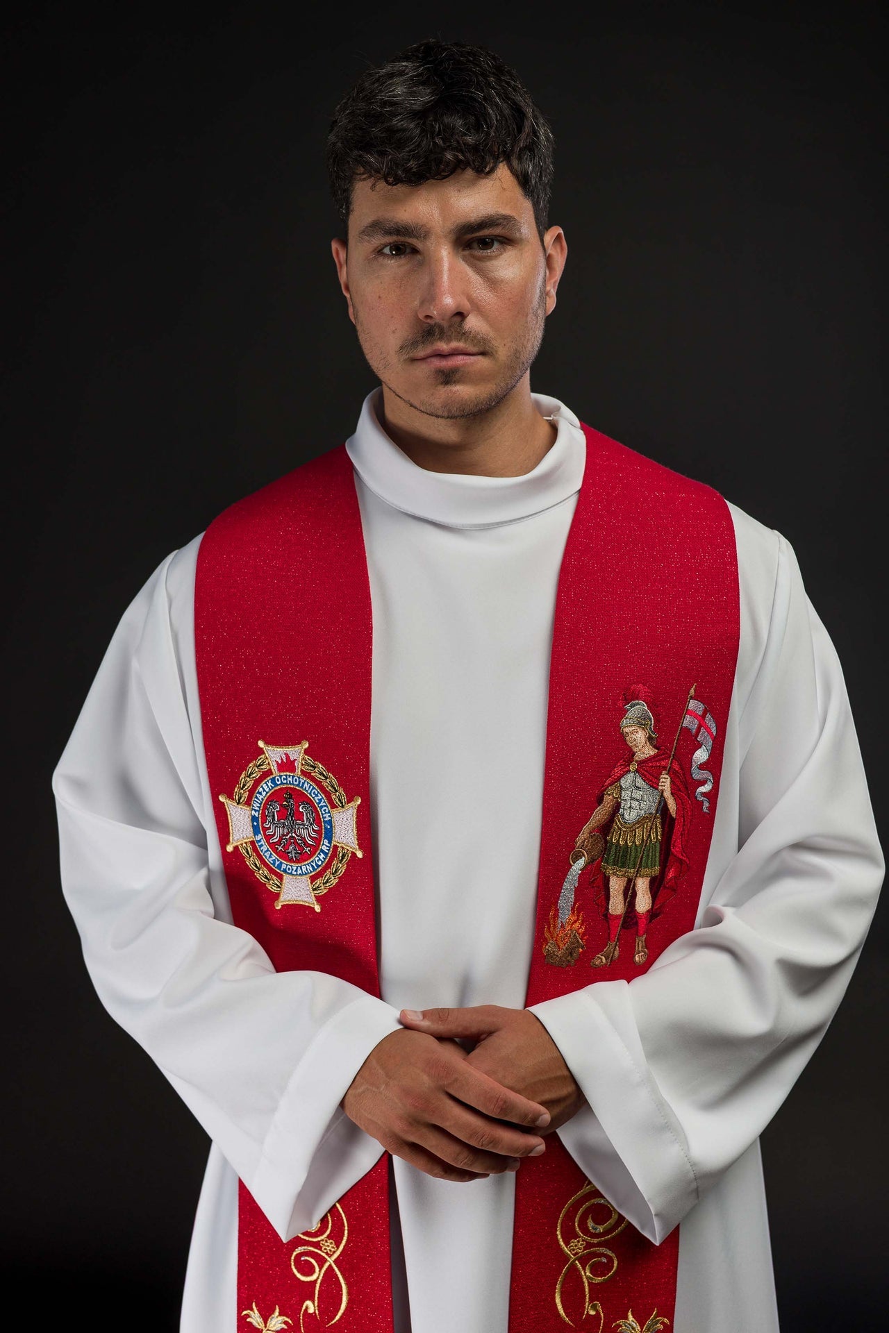 Stuła bogato haftowana z wizerunkiem Świętego Floriana - ORNATY.PL