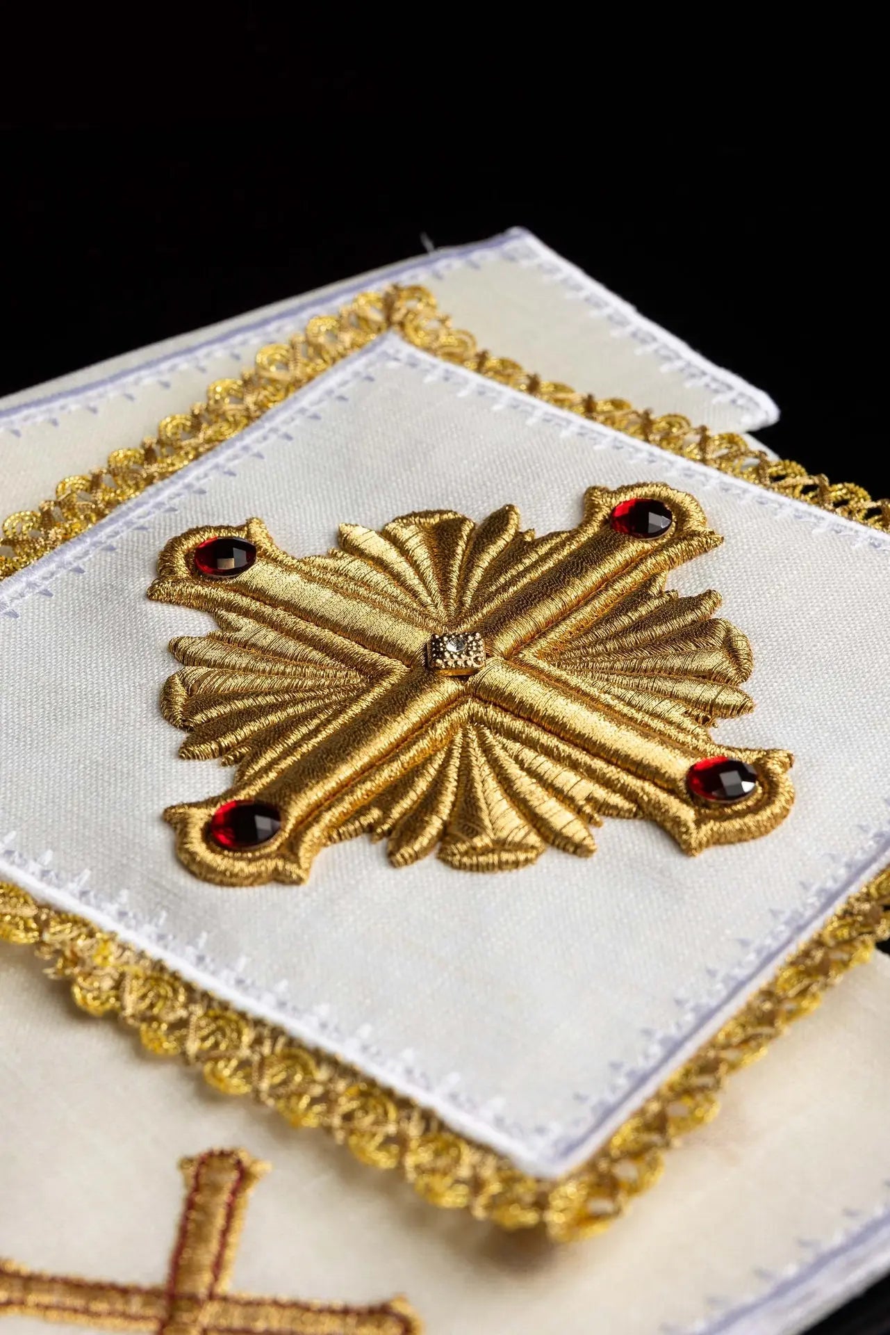 Richly embroidered chalice linen with stones. Made of linen