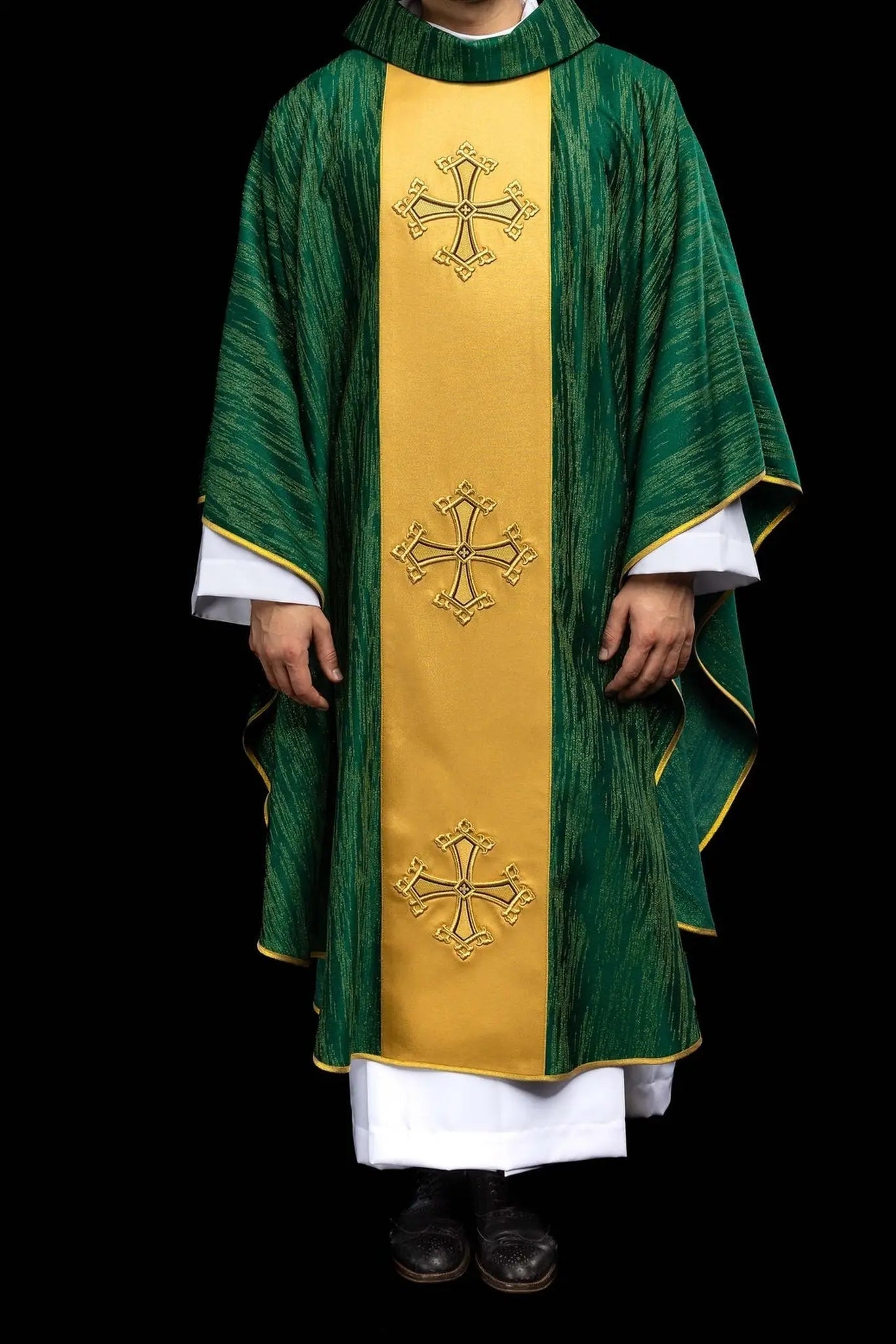 Green Chasuble with Embroidered Cross on Decorative Orphrey