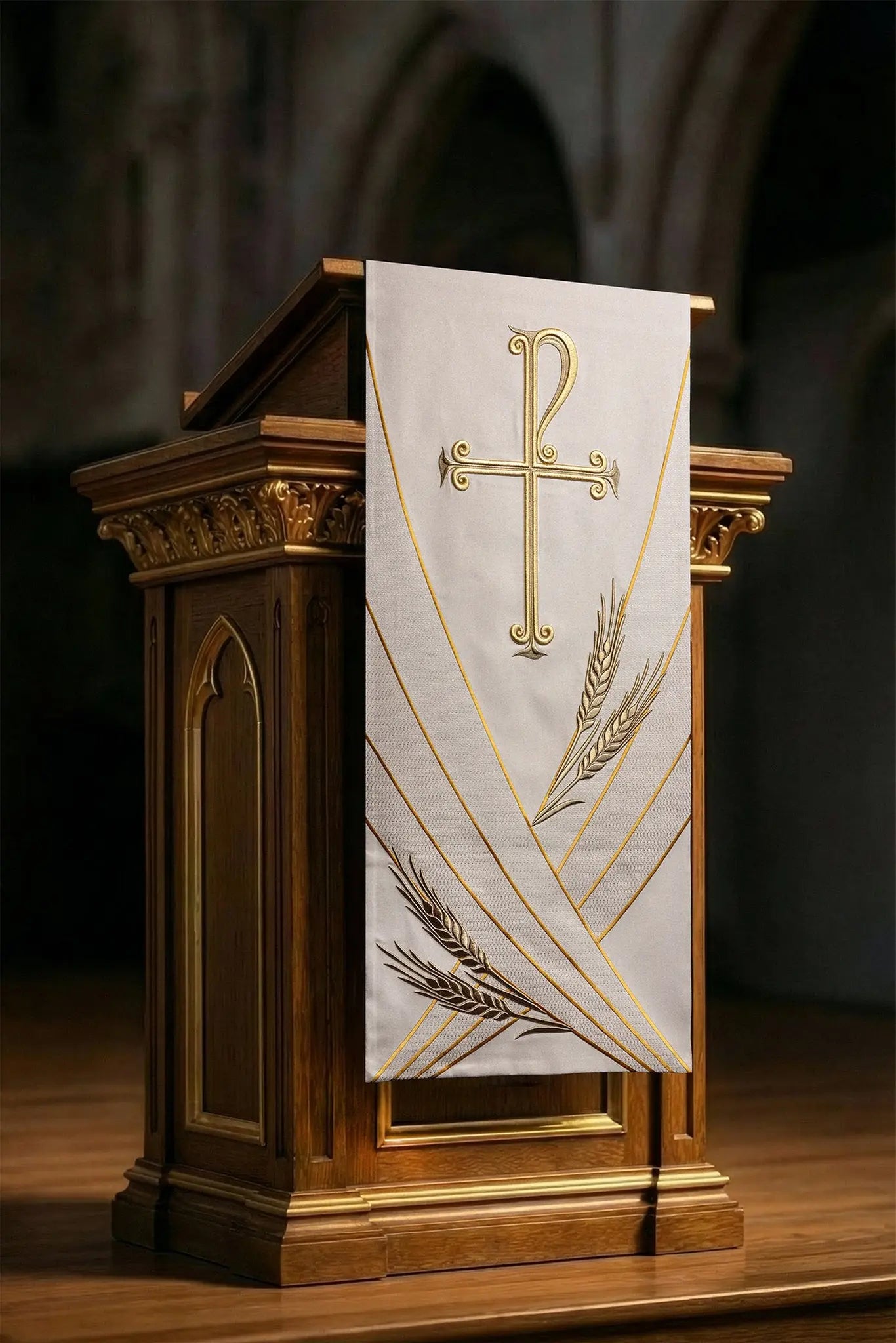 Ecru lectern cover with gold embroidered Chi-Rho symbol (cross with P) and wheat sheaves, suitable for liturgical use.
