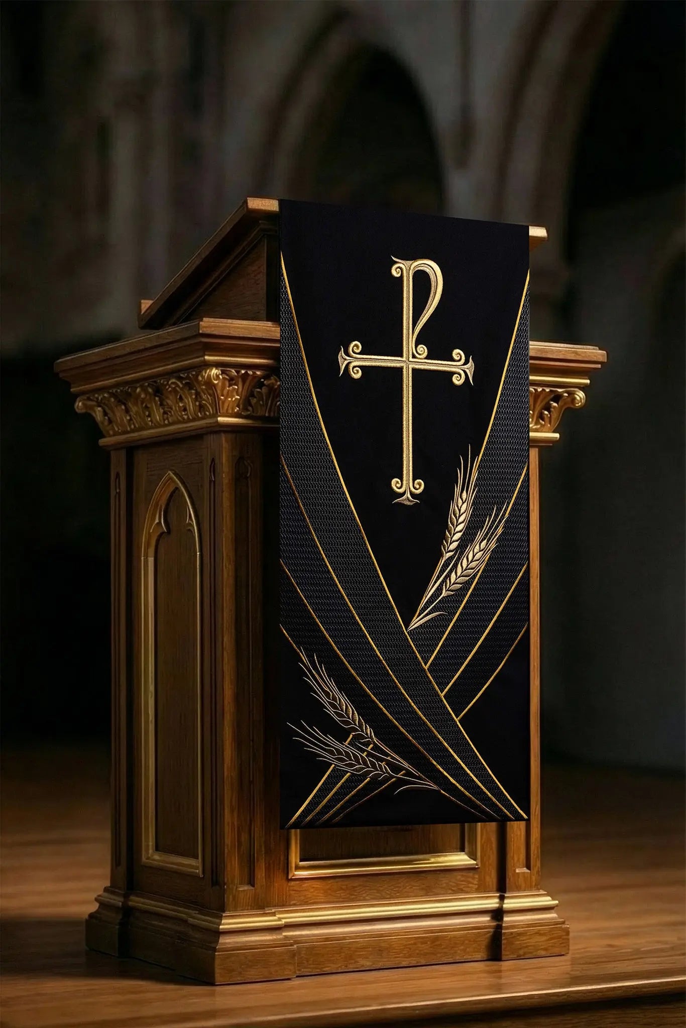 Black lectern cover with gold Chi-Rho and wheat sheaf embroidery