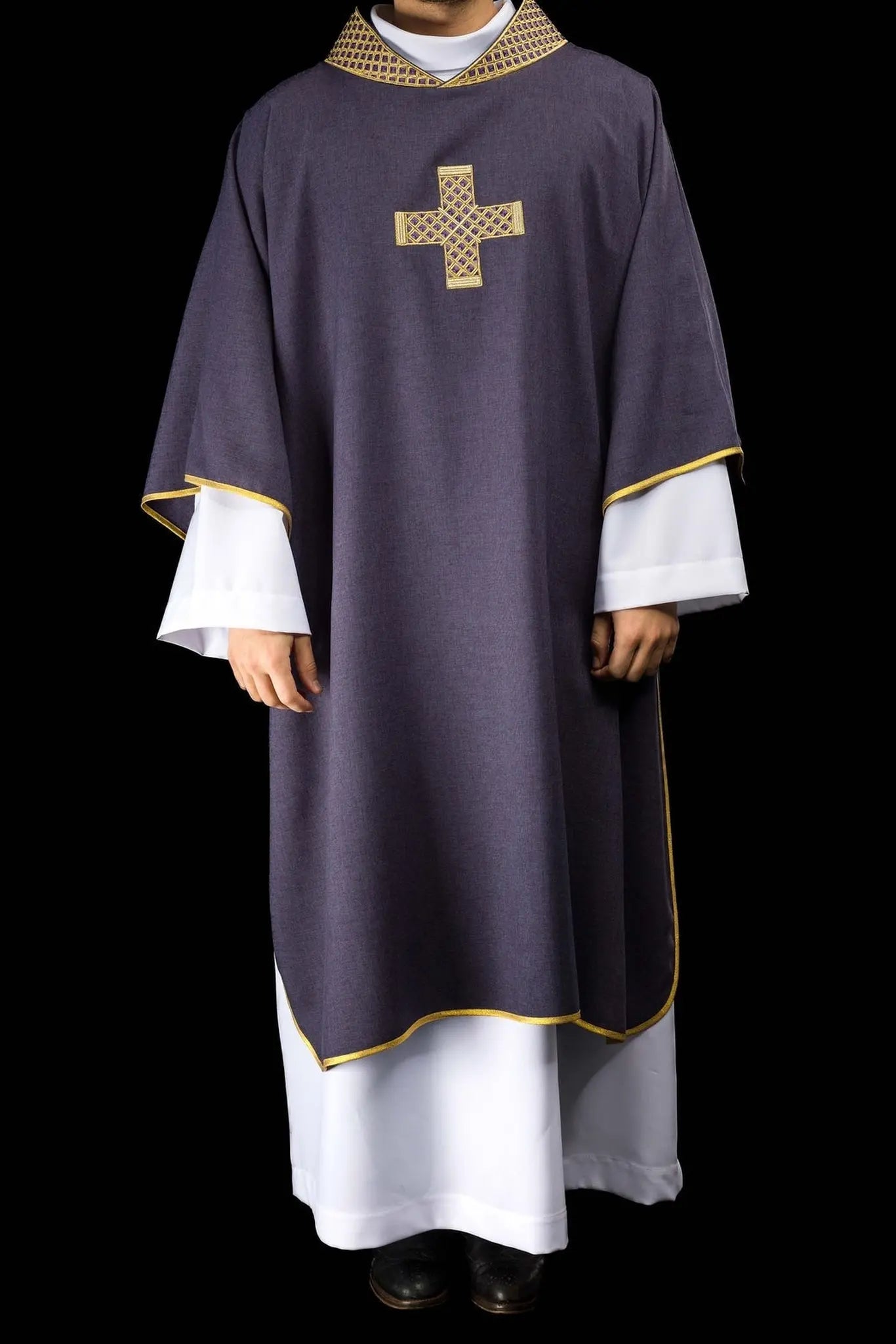 Purple dalmatic with embroidered crosses and collar