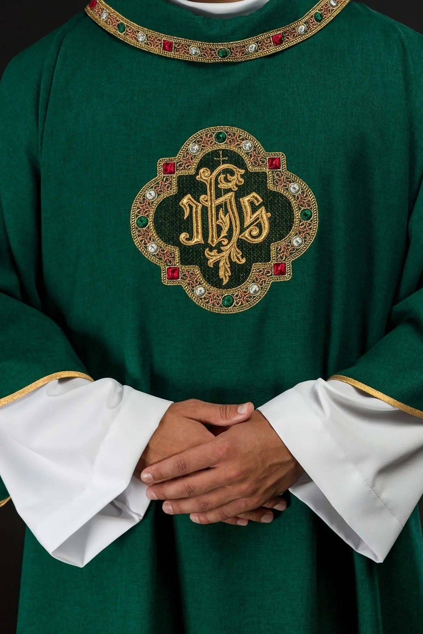 Green Dalmatic with IHS Symbol and Stand-Up Collar