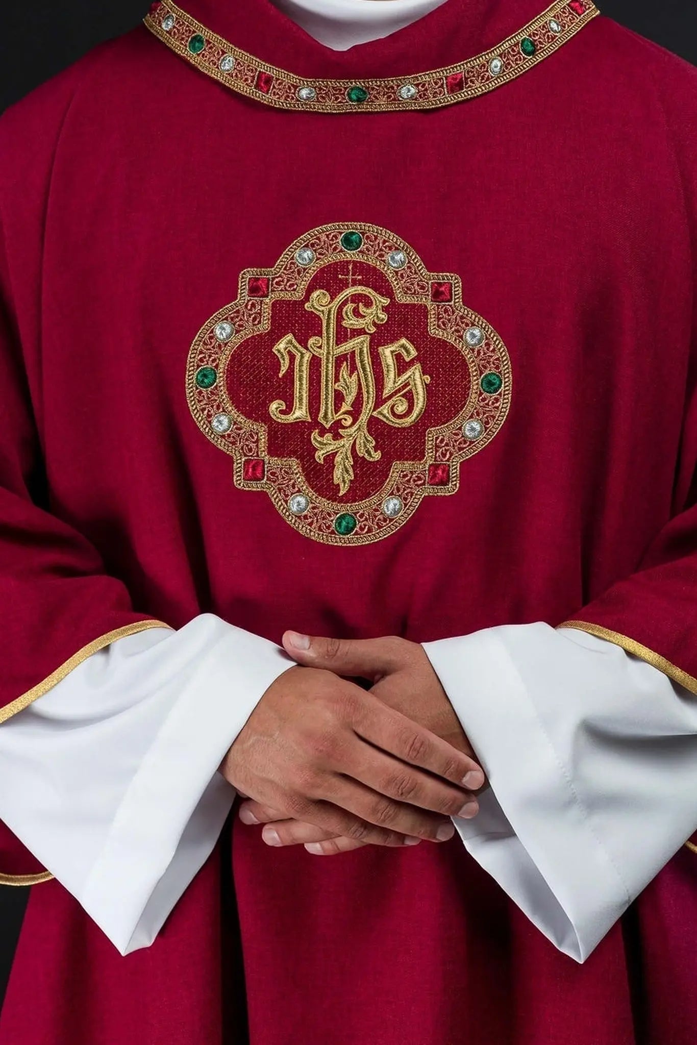 Red Dalmatic with IHS Symbol and Stand-Up Collar