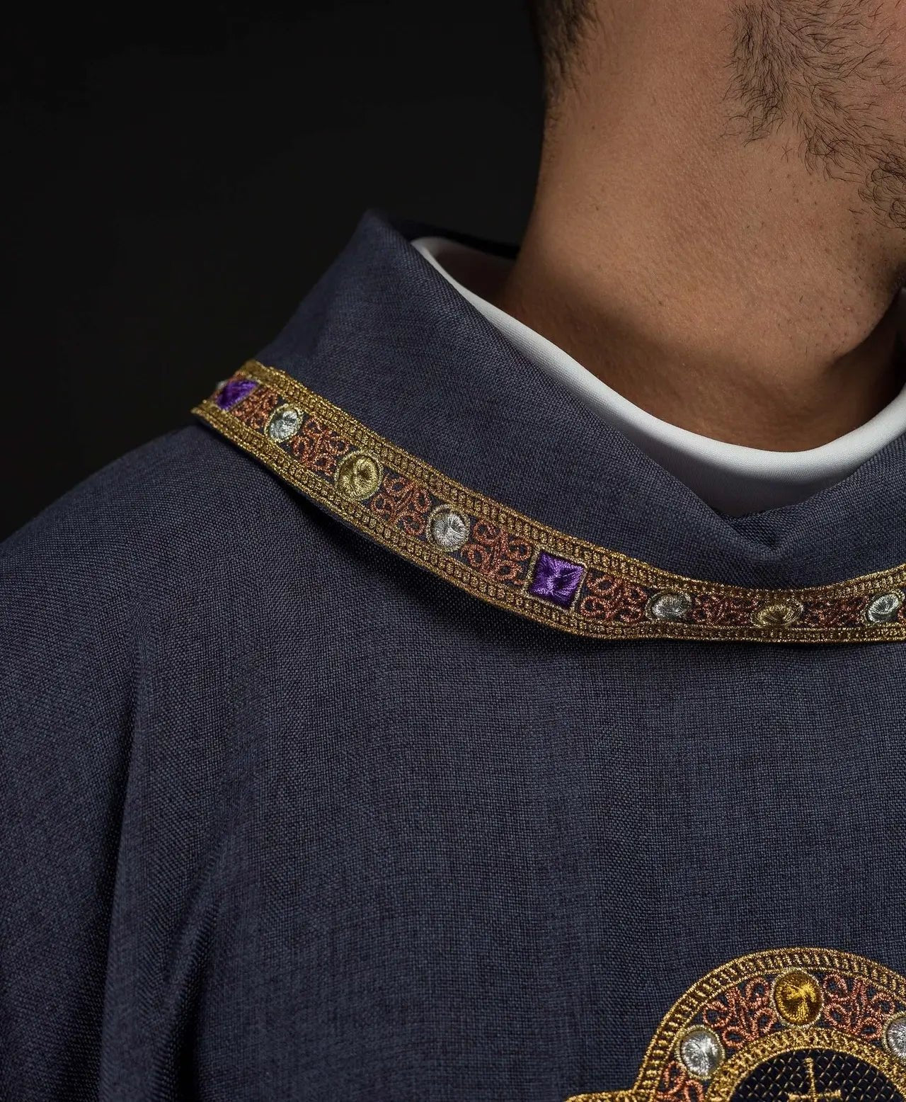 Purple Dalmatic with IHS Symbol and Stand-Up Collar