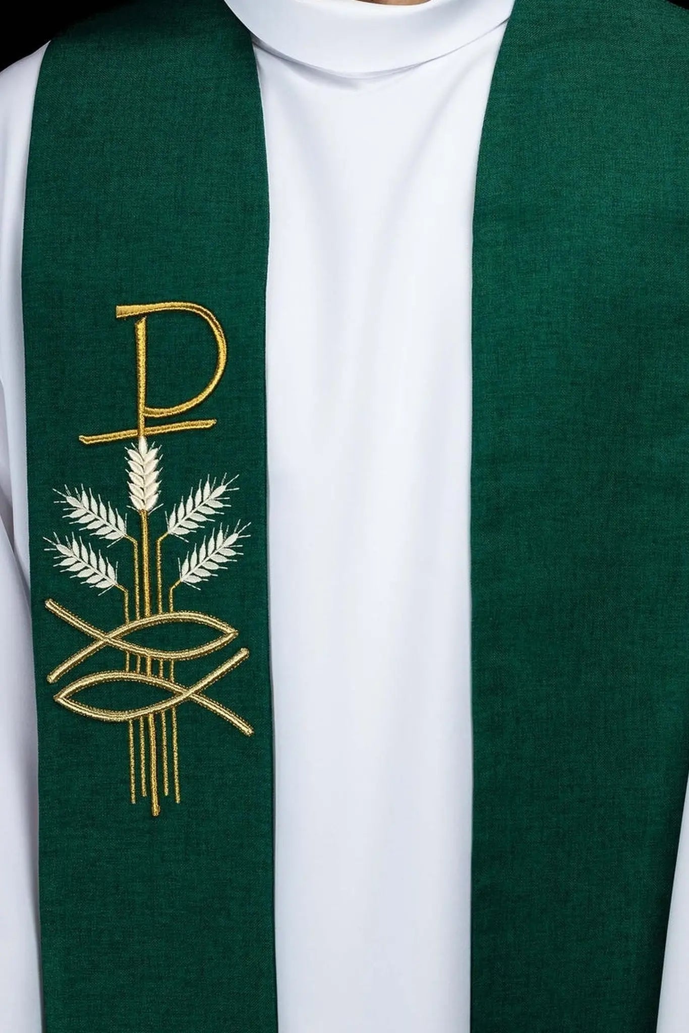 Green Stole with Pax Fish and Wheat Embroidery