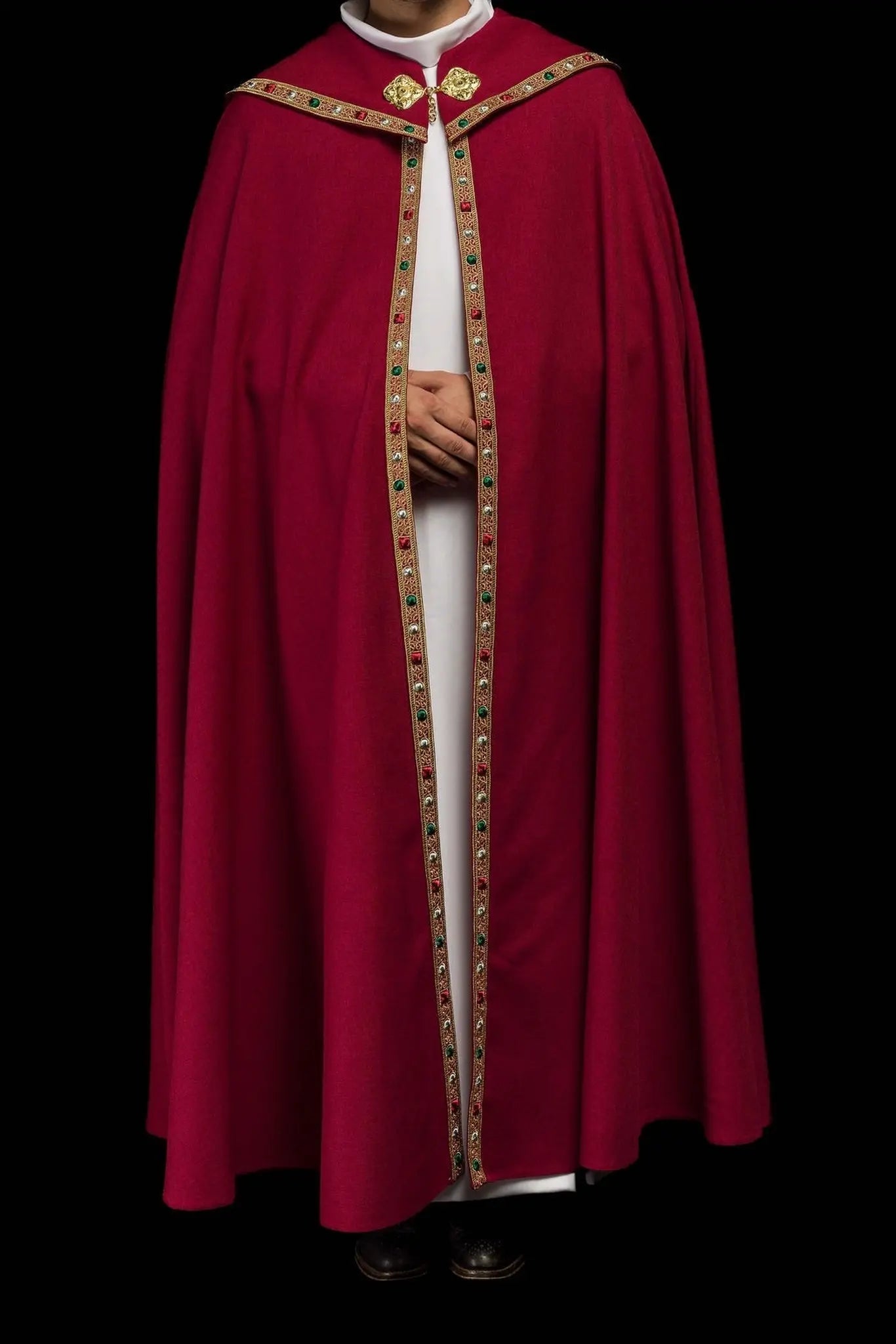 Red liturgical cape with gold IHS