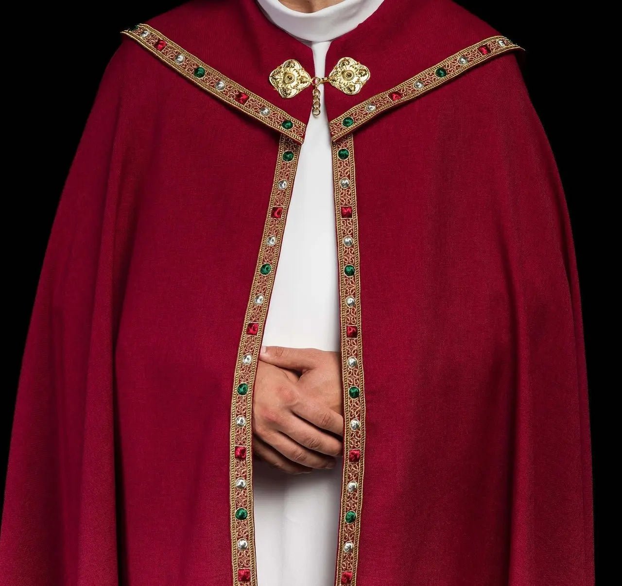 Red liturgical cape with gold IHS
