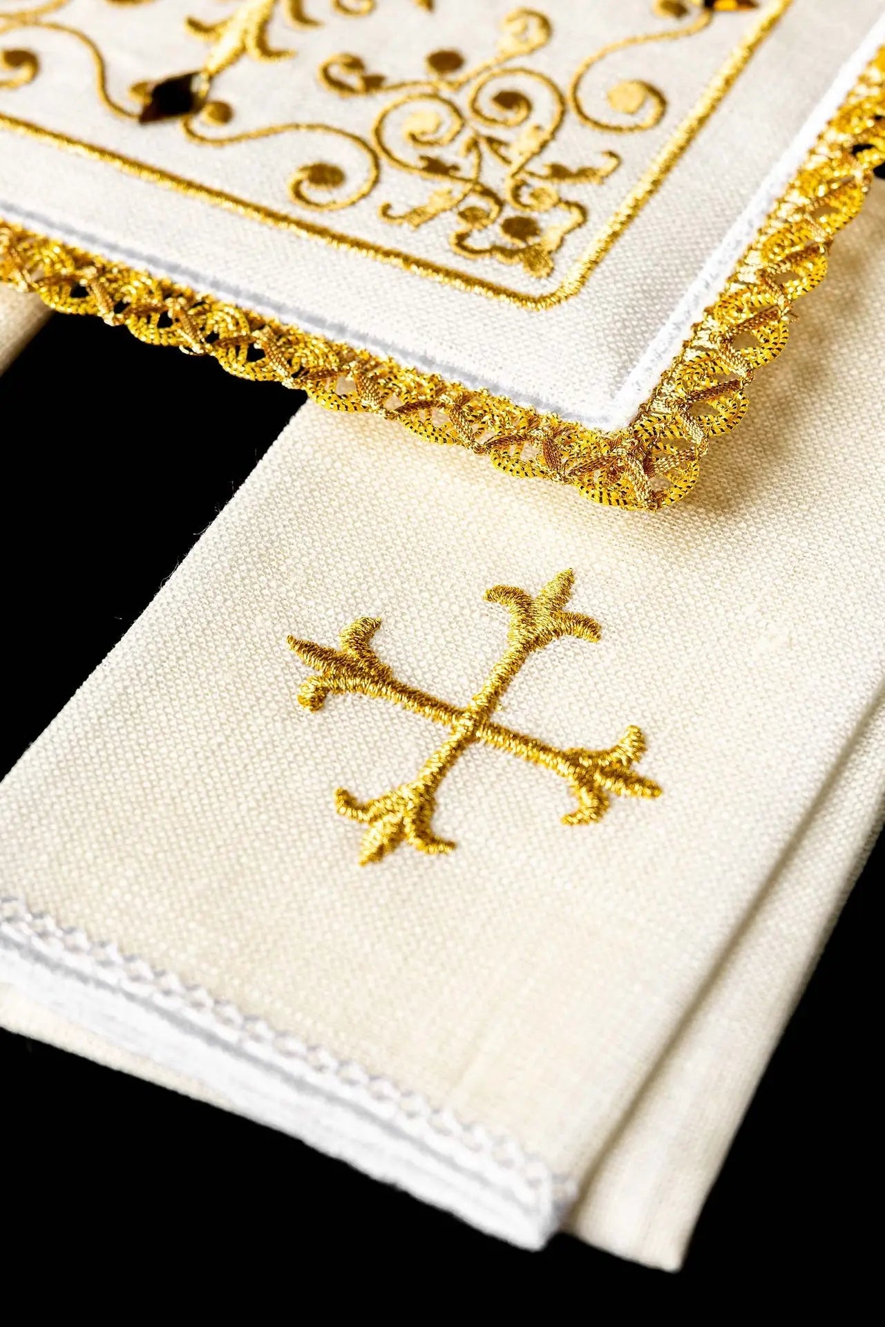 Richly decorated Altar linens set with cross embroidery