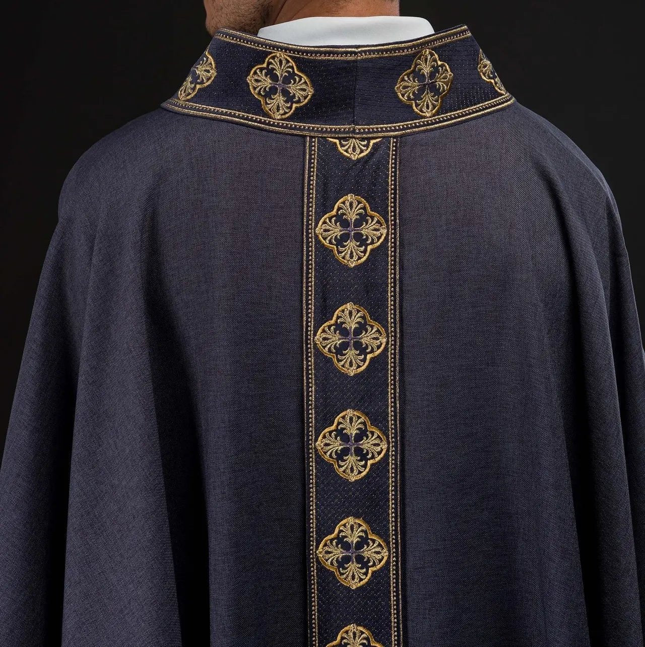 Purple chasuble with embroidered belt and cross collar