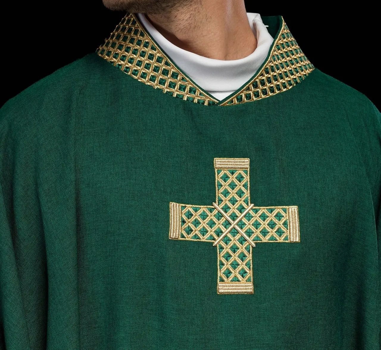 Green chasuble with embroidered gold crosses and collar