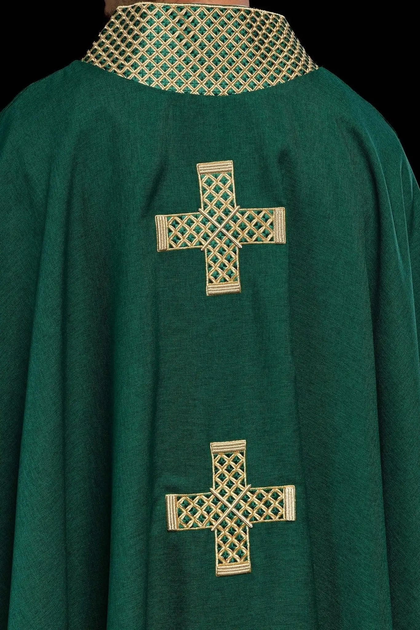 Green chasuble with embroidered gold crosses and collar