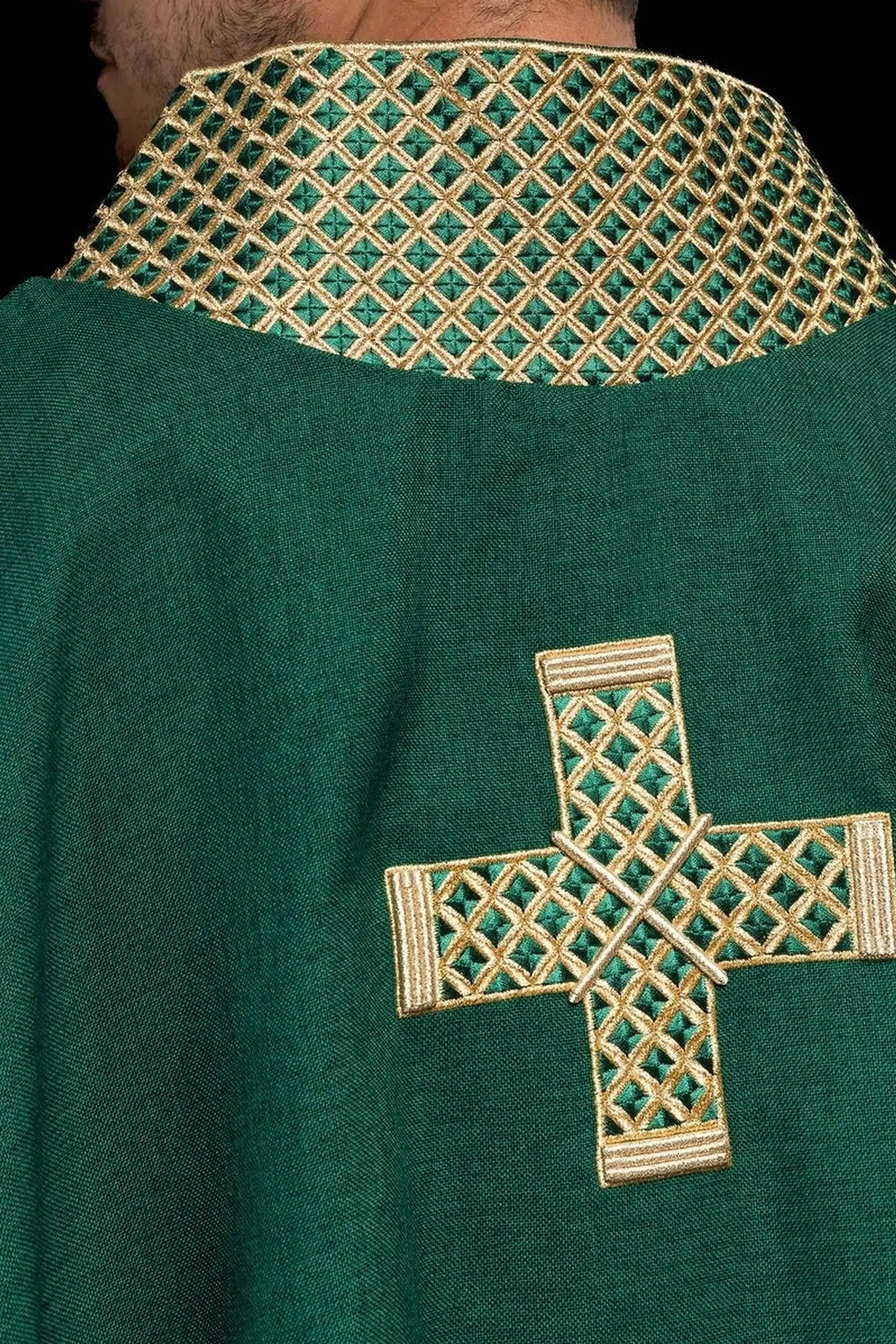 Green chasuble with embroidered gold crosses and collar