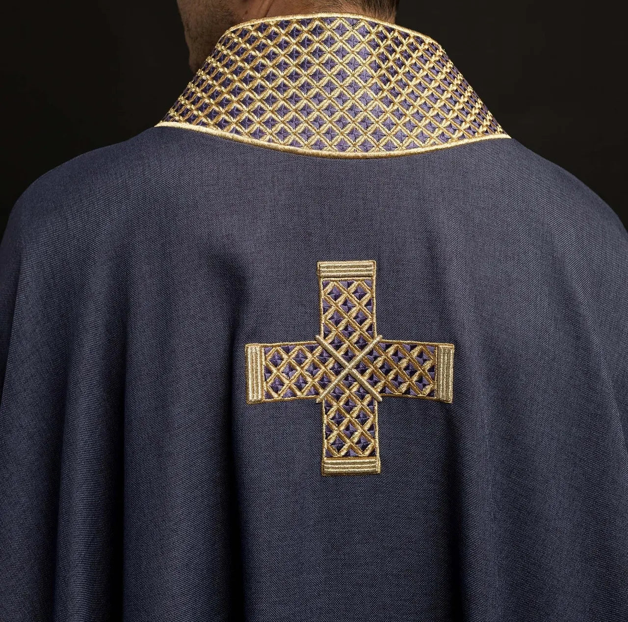 Purple chasuble with embroidered crosses and collar