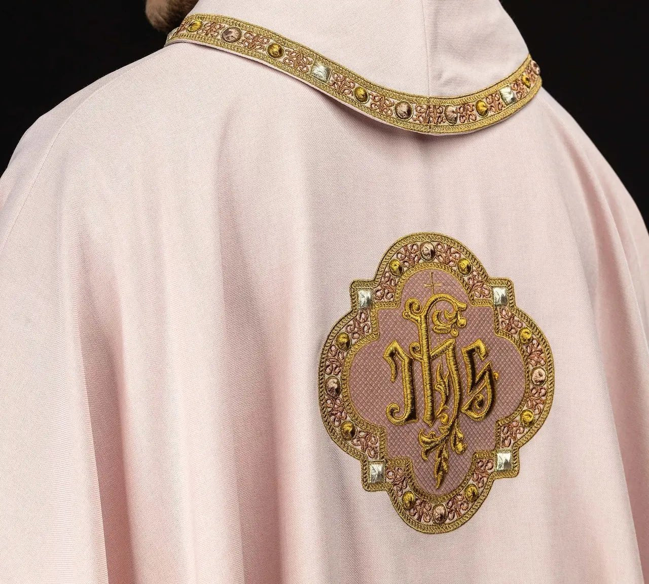 Pink Chasuble with IHS Embroidery and Decorative Trim