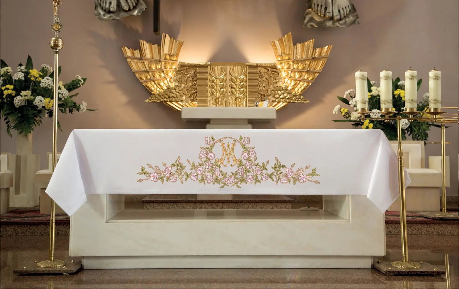 Richly decorated altar cloth with frontal embroidery and Marian motif