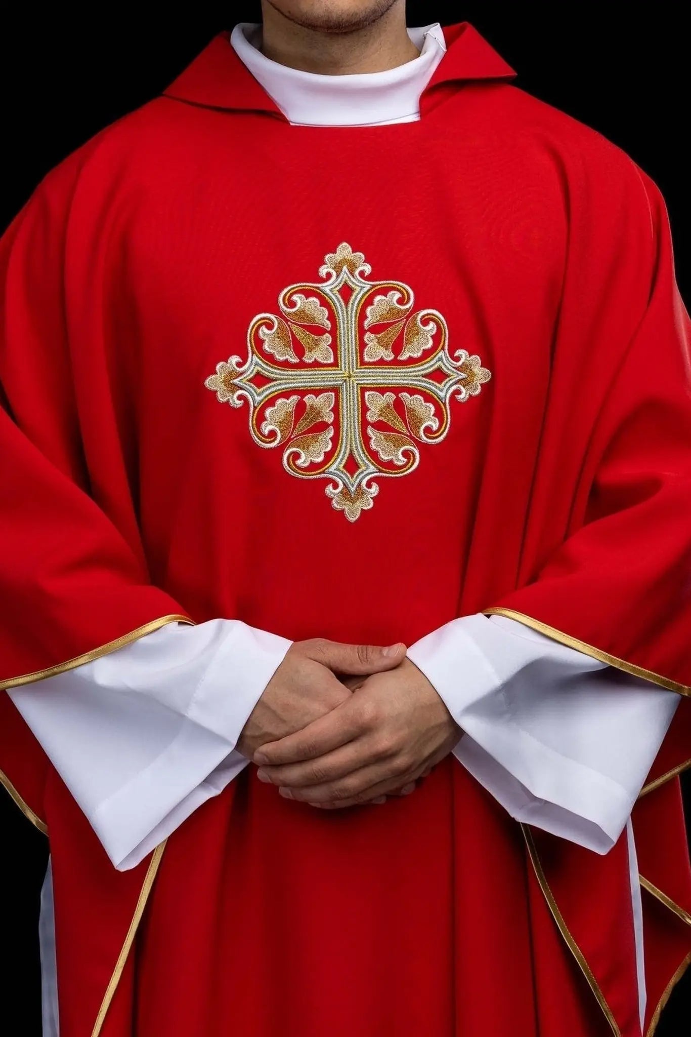 Red Embroidered Chasuble with Ornamental Cross and Wide Collar