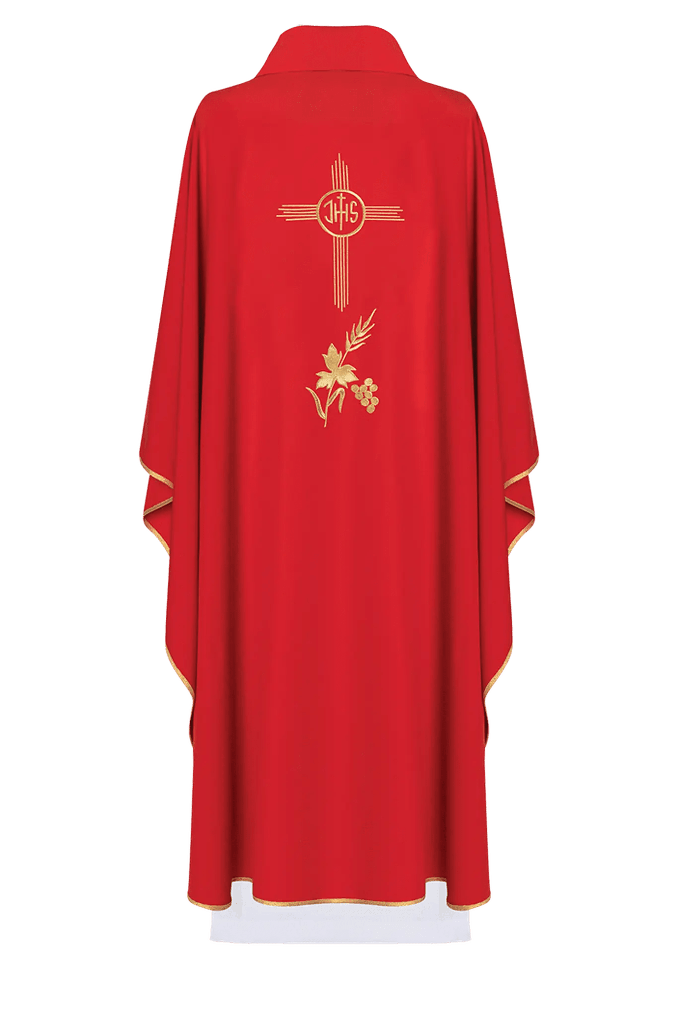 Red chasuble embroidered with IHS motif