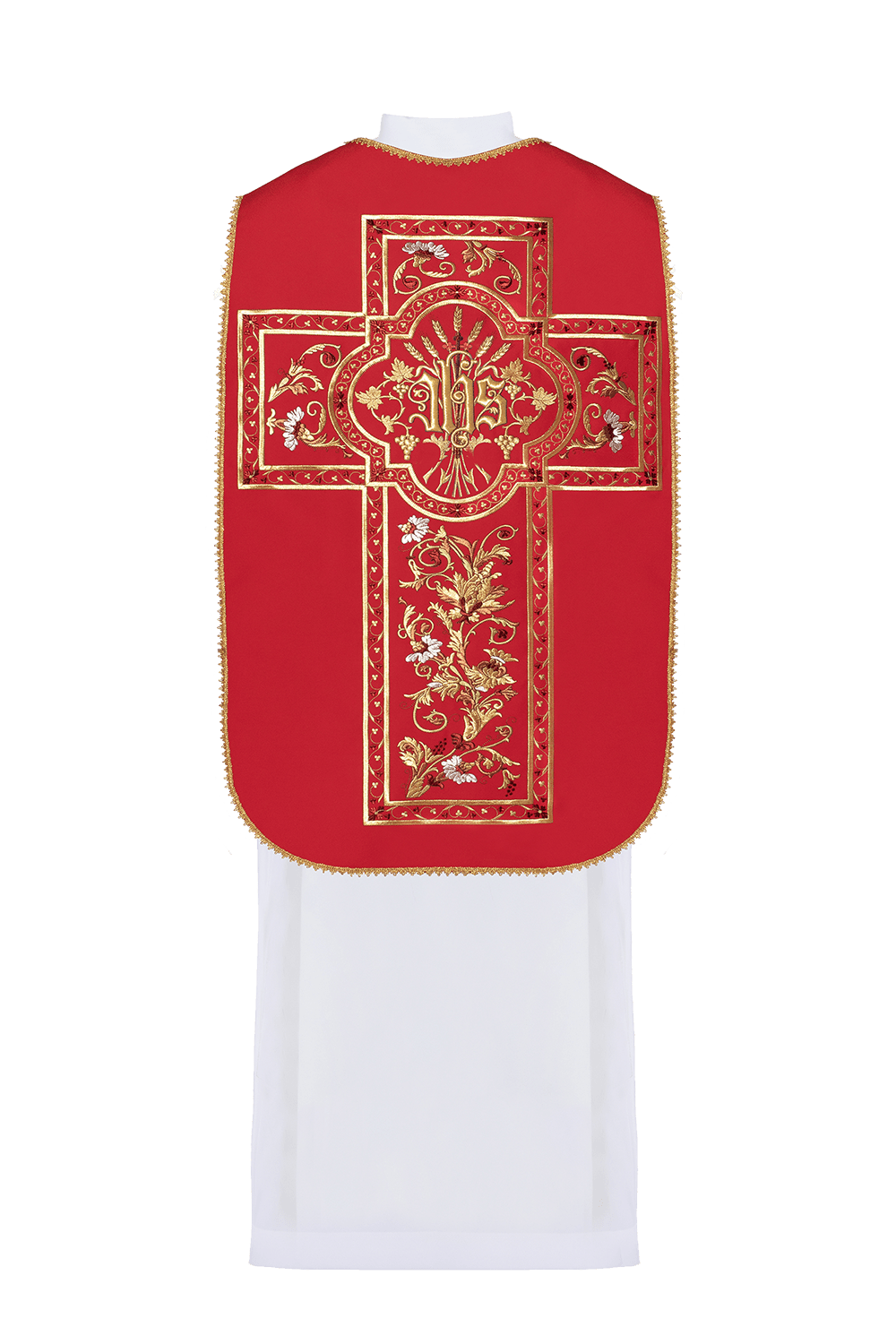 Czerwony ornat rzymski haftowany z motywem IHS
