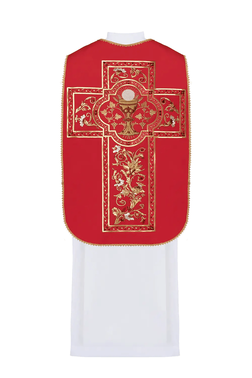 Red Roman chasuble embroidered with Eucharistic chalice motif