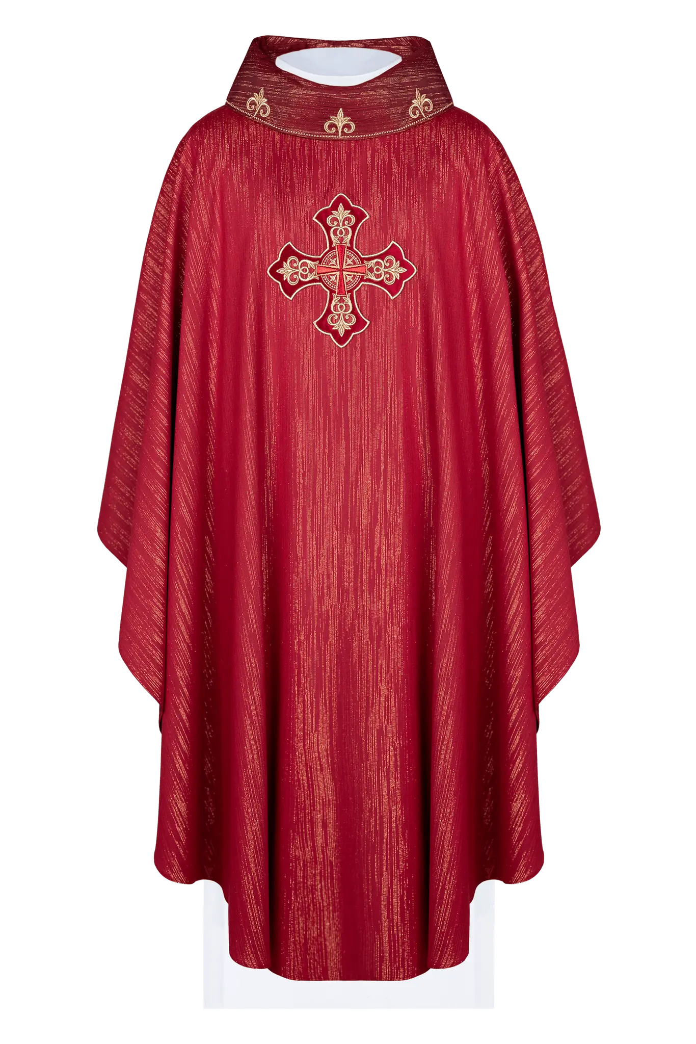 Red chasuble with richly embroidered cross and decorated collar