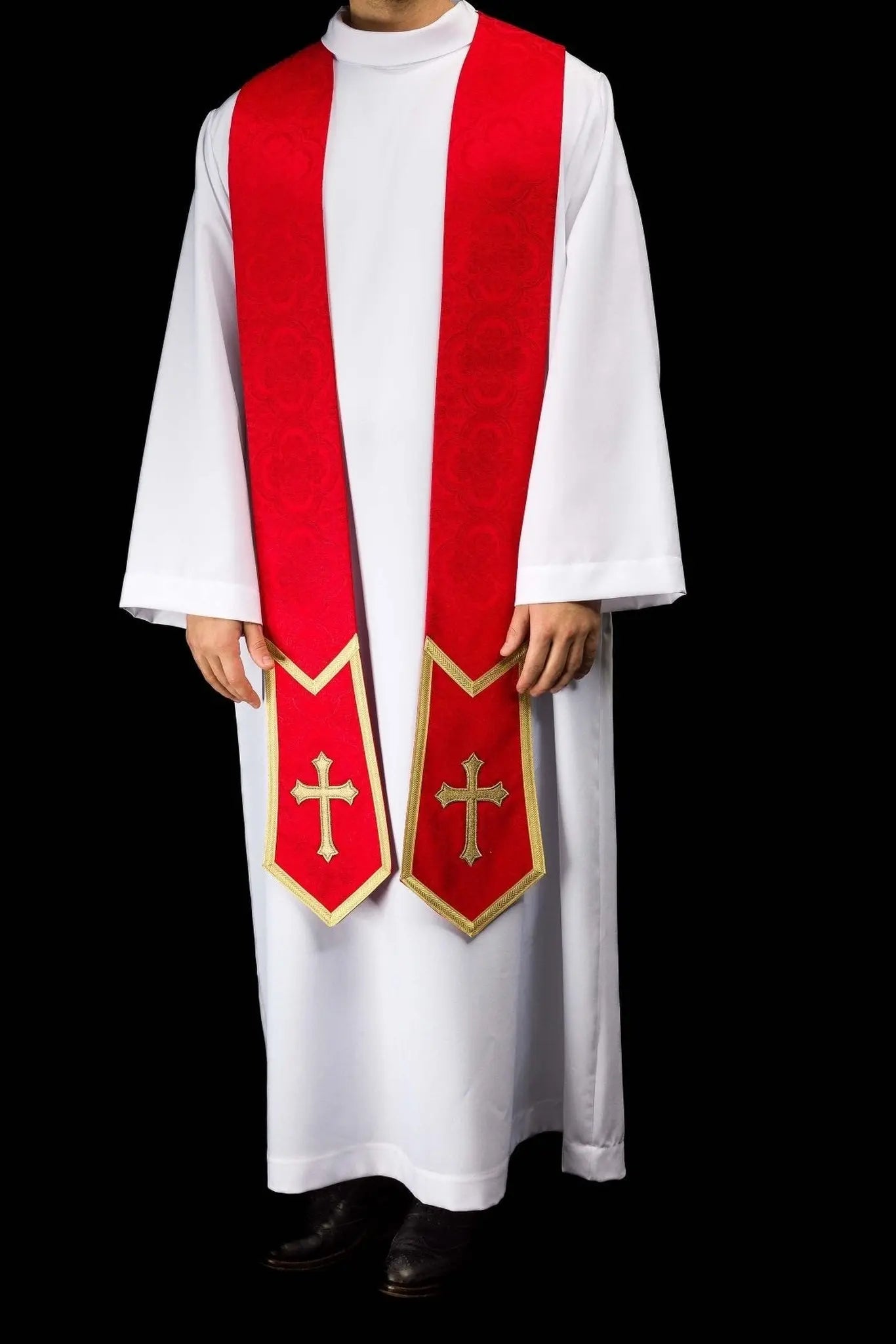 Red Jacquard Stole with Embroidered Cross