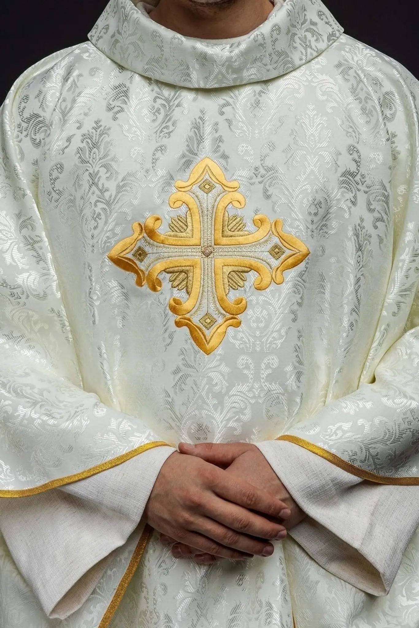 Ecru Chasuble with Cross, Made from Patterned Fabric