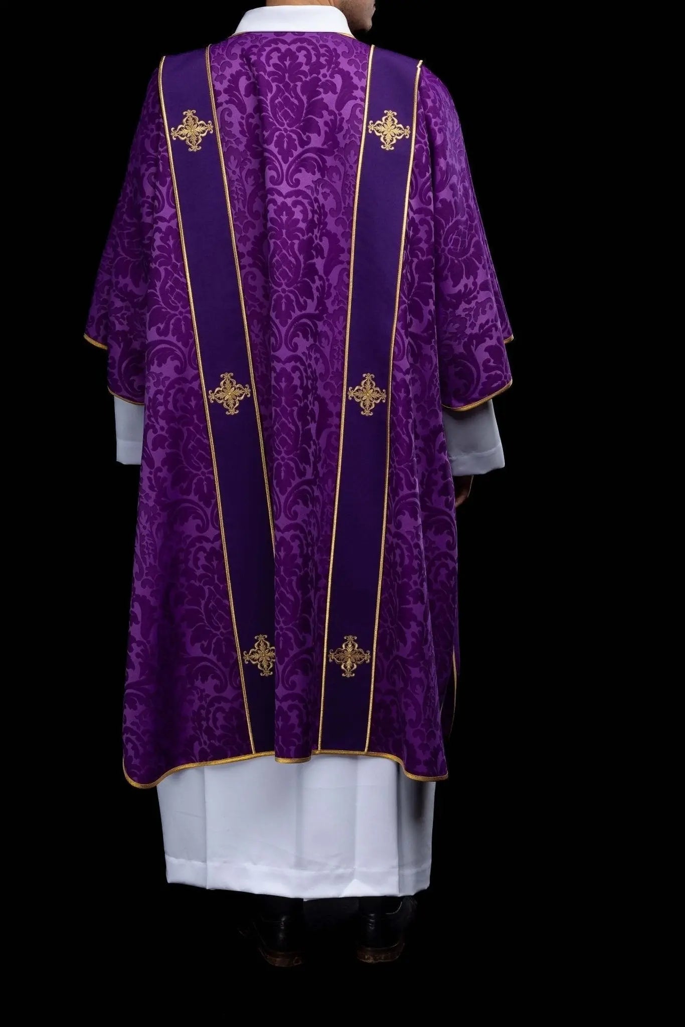 Purple Jacquard Dalmatic with Gold Cross Embroidery