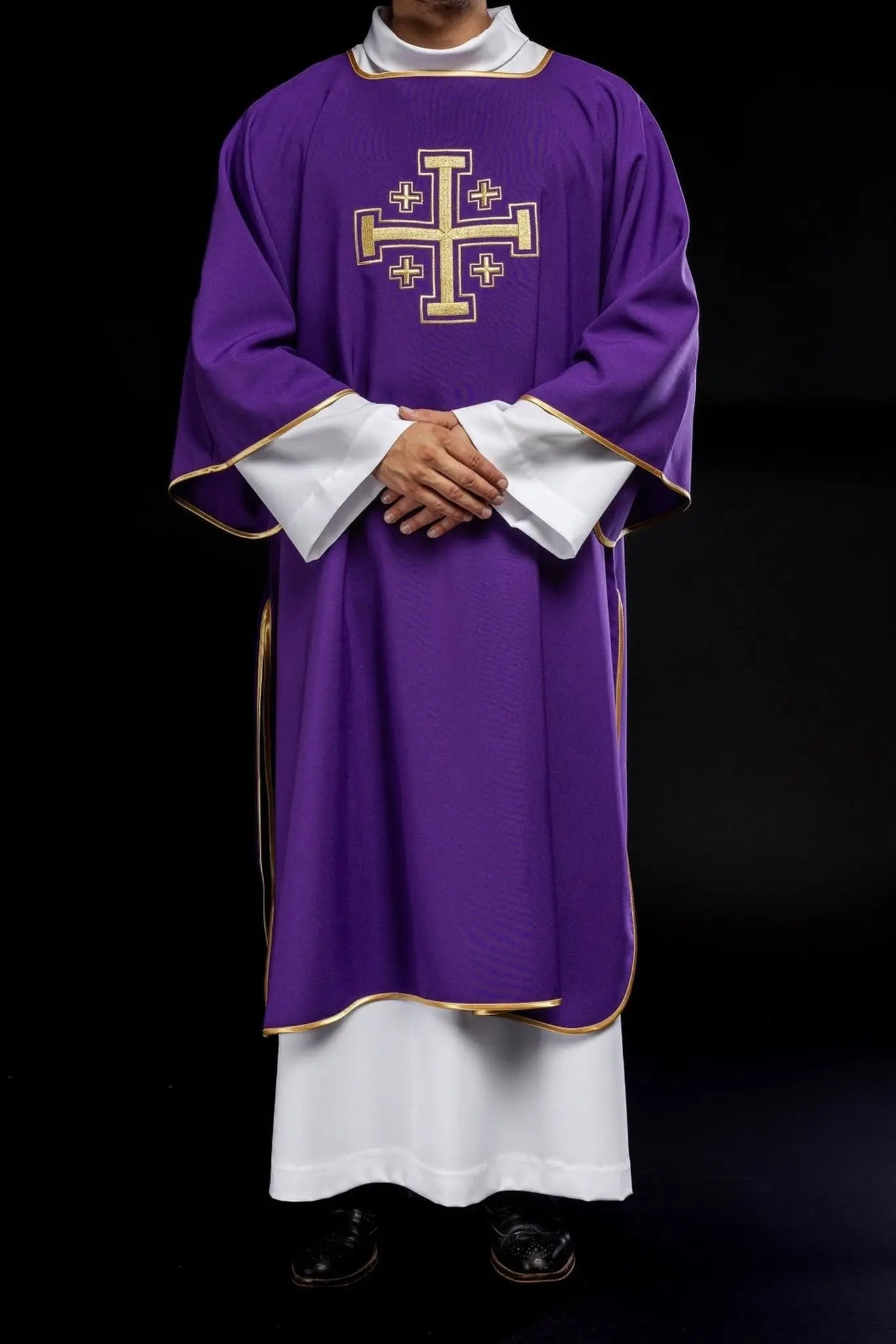 Purple Dalmatian with embroidered gold crosses