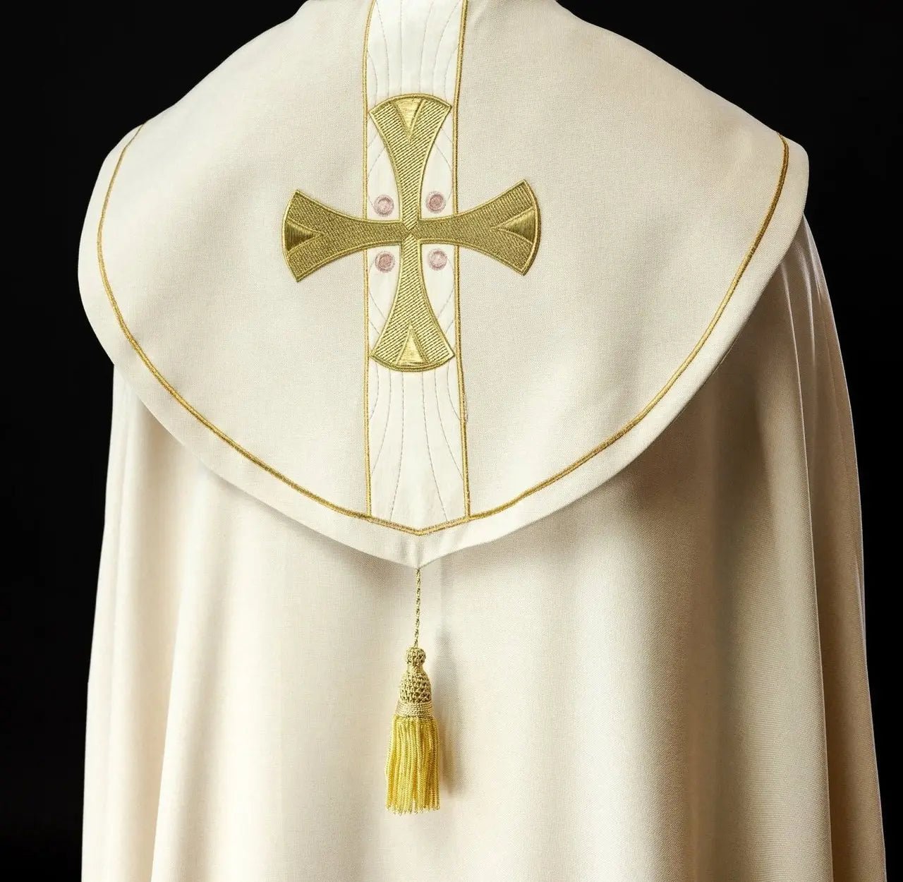 Elegant Ecru Liturgical Cope with Gold Embroidered Crosses and Velvet Collar