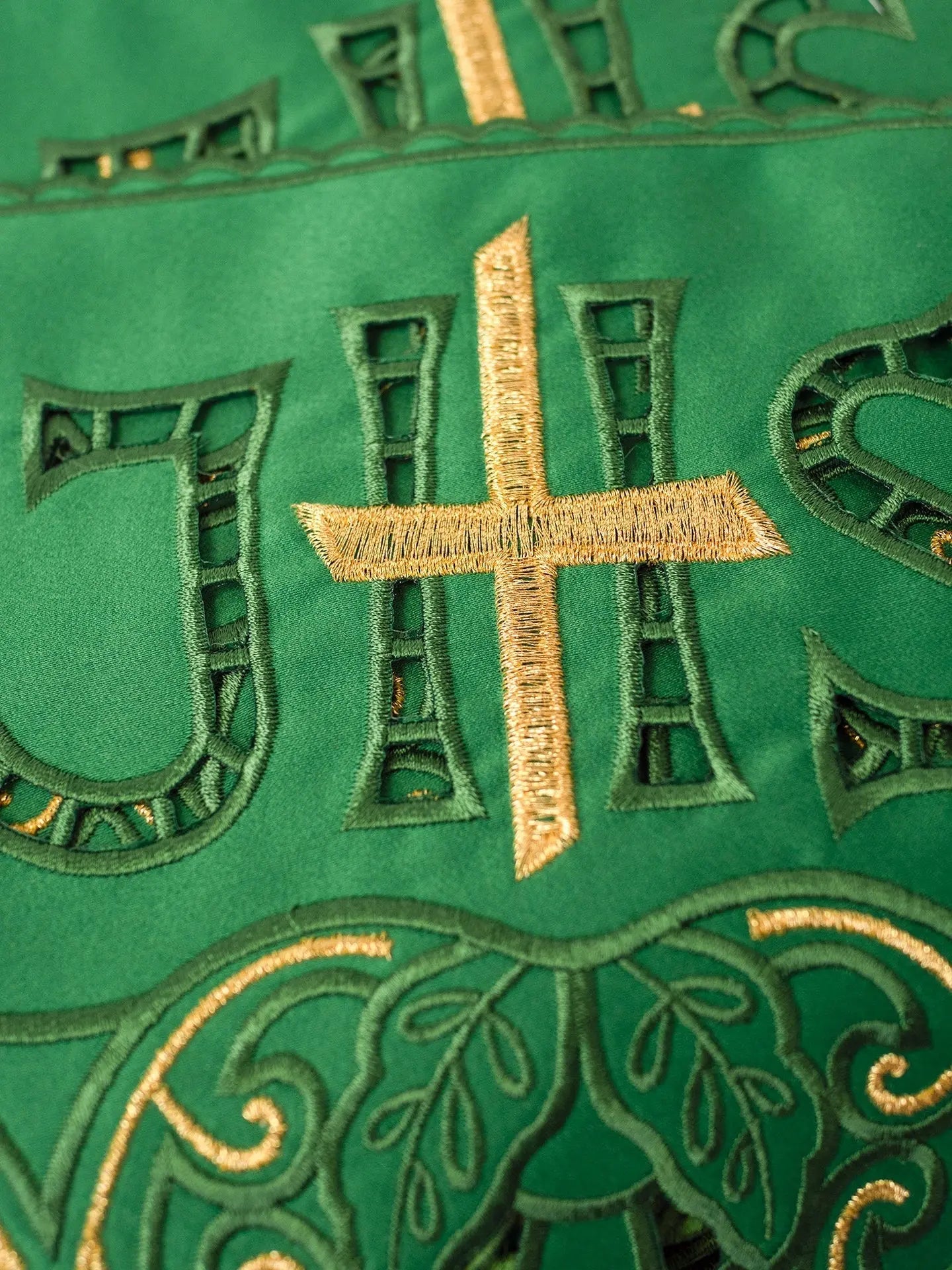 Metre with frontal embroidery IHS Cross Green