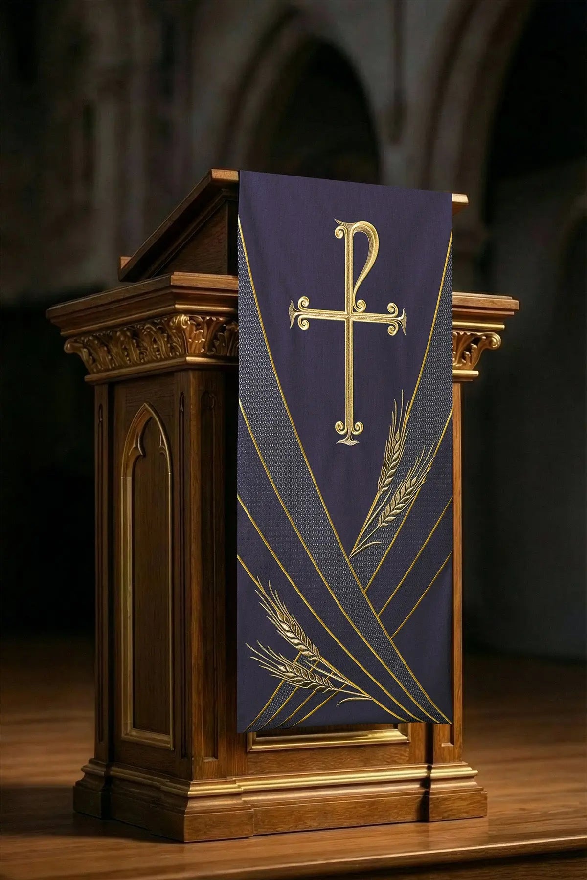 Purple Lectern Hanging with Cross and Wheat Embroidery