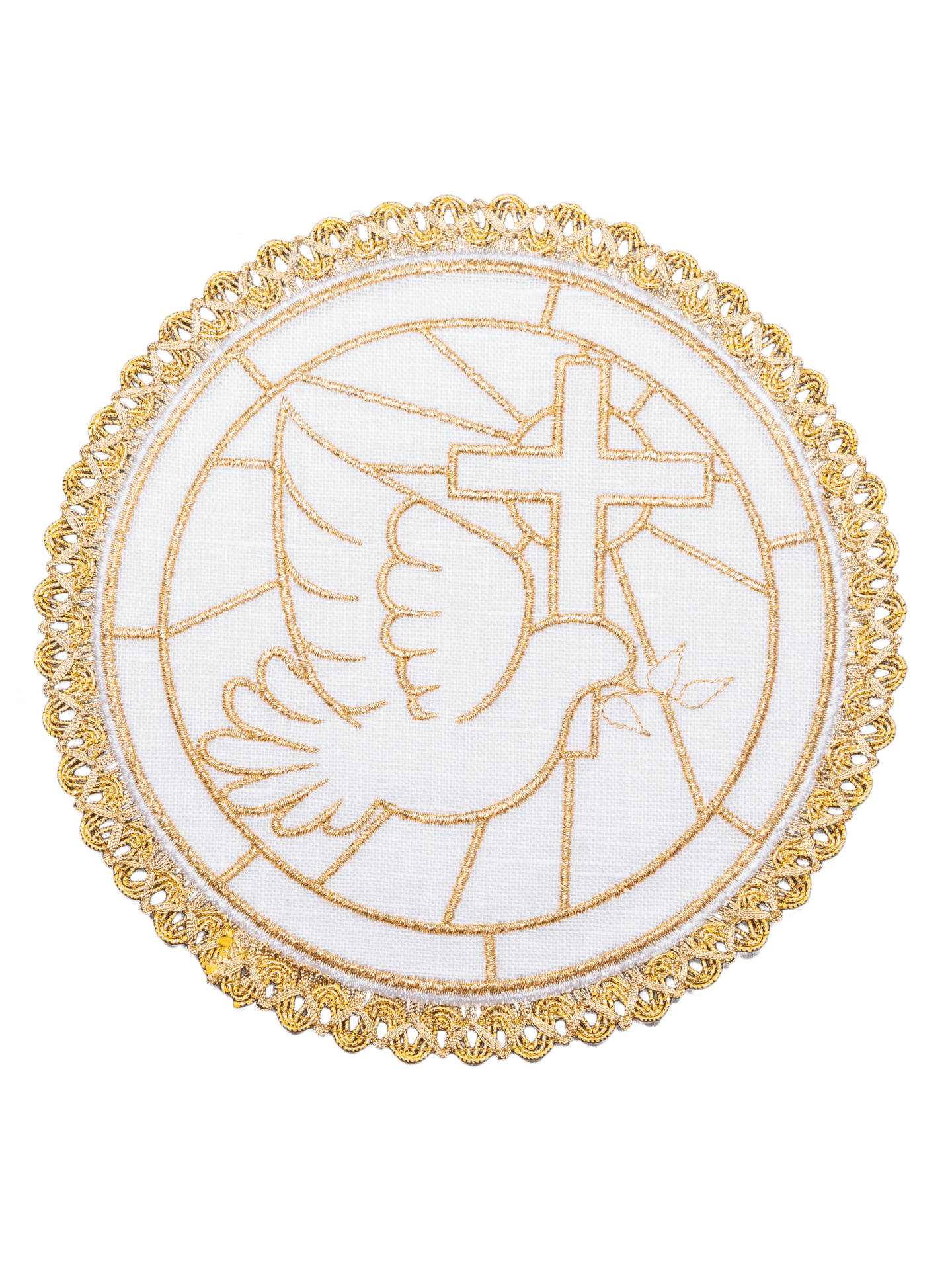 Lniany komplet kielichowy z motywem gołębicy i krzyża na okrągłej palce