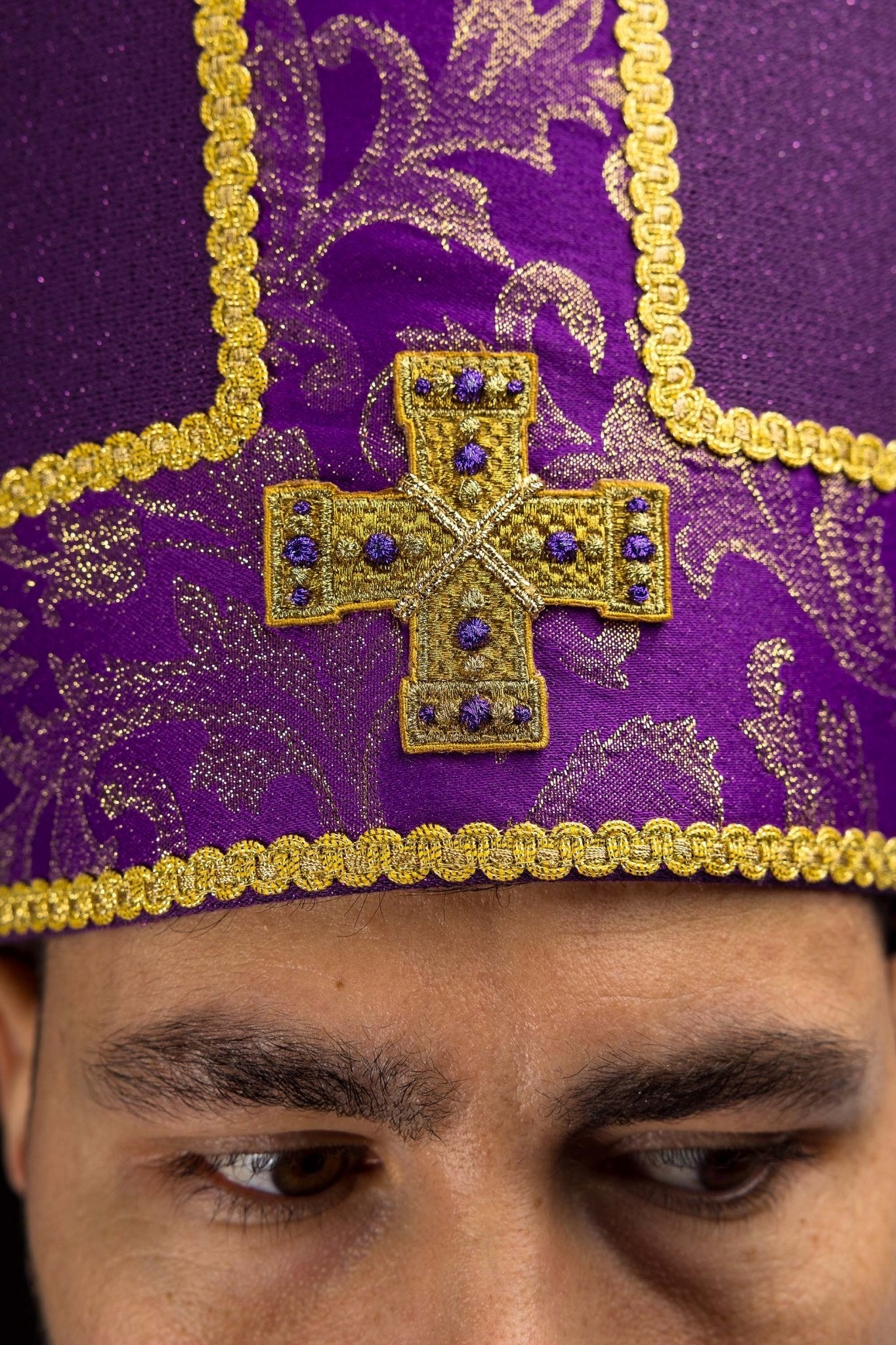 Purple mitre with embroidered cross and jacquard fabric