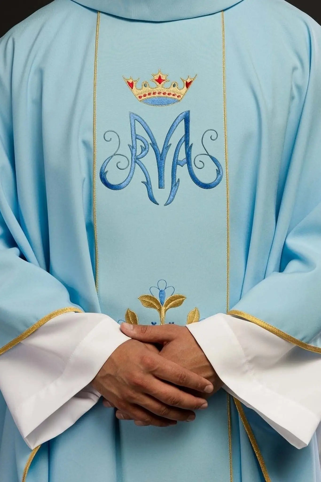 Blue Marian liturgical chasuble with belt