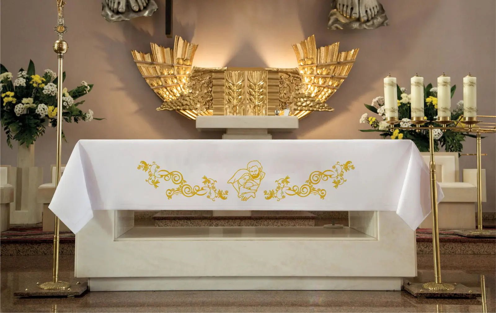 Embroidered altar cloth with image of the Holy Family